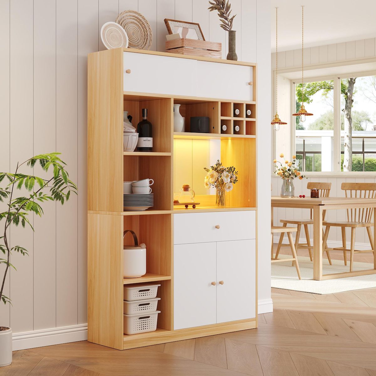 MERAX Buffet de cuisine 4 portes 1 tiroir - 115 cm naturel+blanc led panneau de particules