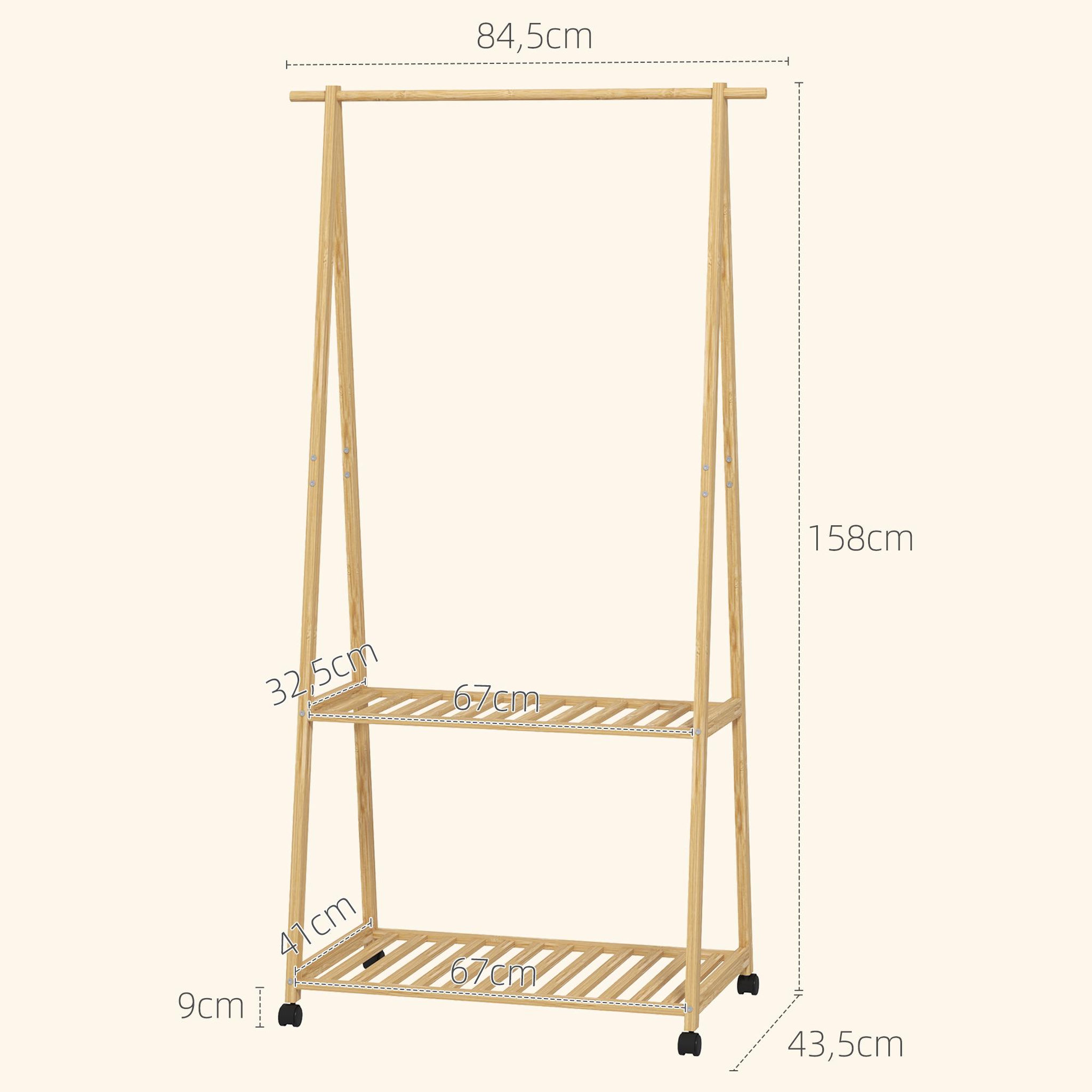 Voir la diapositive 3 : HOMCOM Portant penderie à vêtements en bambou mobile 4 roulettes 2 étagères dim. 84,5l x 43,5l x 158h cm