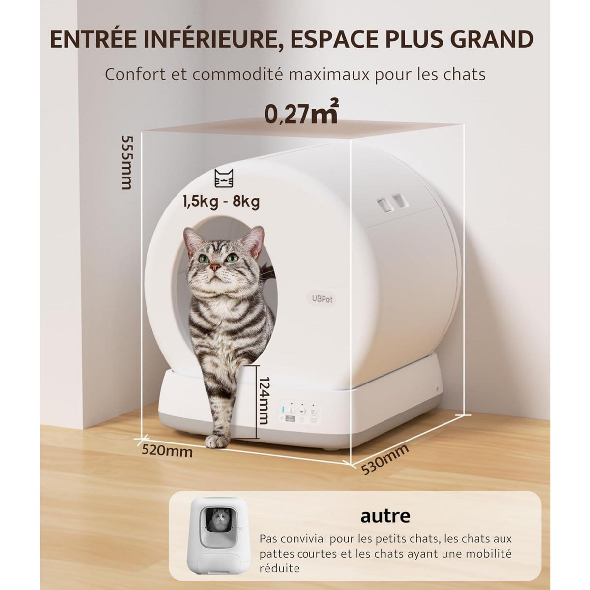 Litière Automatique pour Chat – Bac à Litière Autonettoyant Électrique avec 10 Capteurs de Sécurité, Contrôle via Application, Entrée Basse et Système de Désodorisation