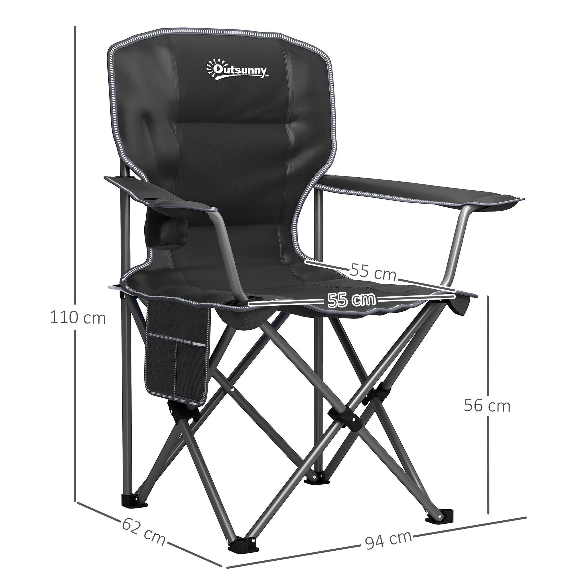 Voir la diapositive 3 : OUTSUNNY Chaise de camping pliante rembourrée - porte-gobelets, poches latérales rangement - sac transport inclus - noir