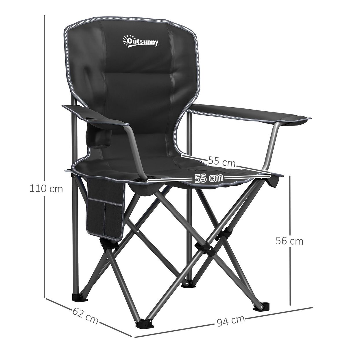 OUTSUNNY Chaise de camping pliante rembourrée - porte-gobelets, poches latérales rangement - sac transport inclus - noir