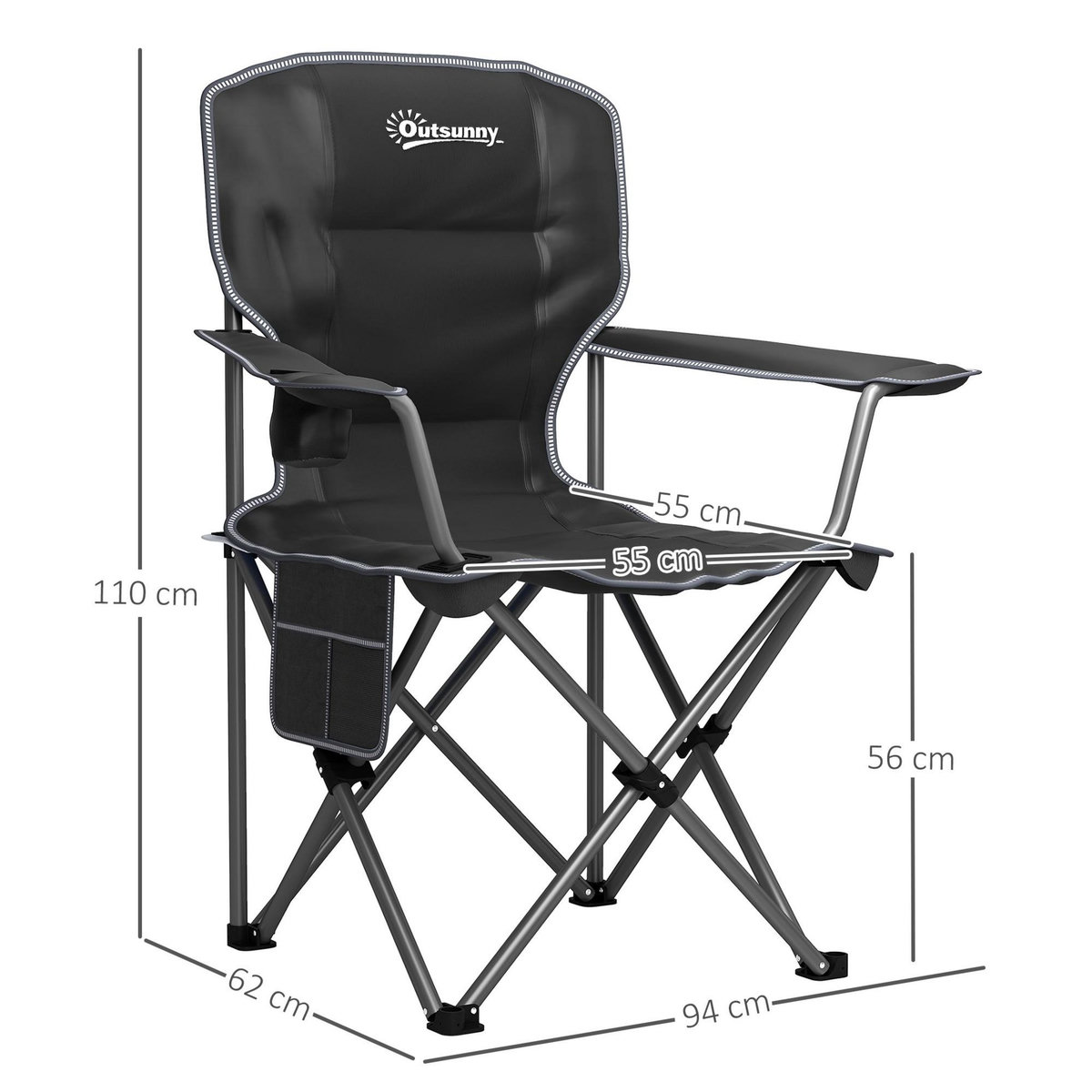 OUTSUNNY Chaise de camping pliante rembourrée - porte-gobelets, poches latérales rangement - sac transport inclus - noir