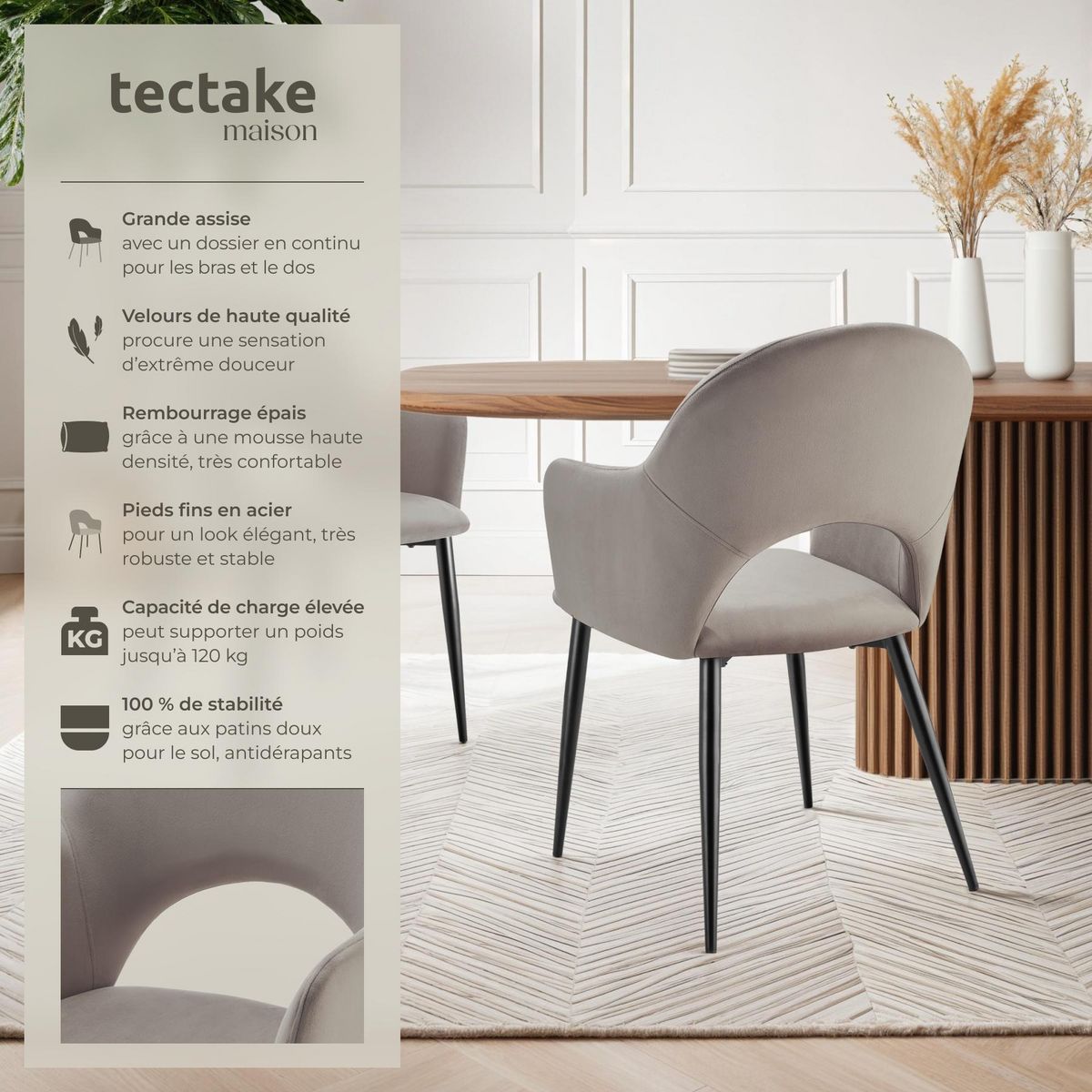 tectake Fauteuil en velours et rembourré taupe Lot de 2