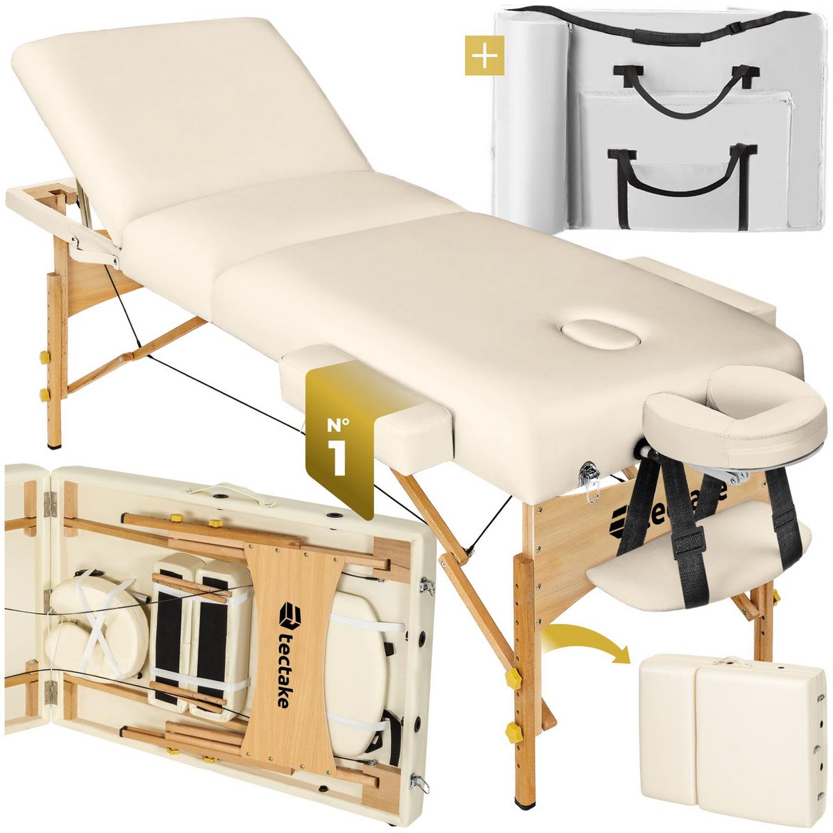 tectake Table de massage portable pliante à 3 zones largeur 70 cm, rembourrage 7,5 cm beige