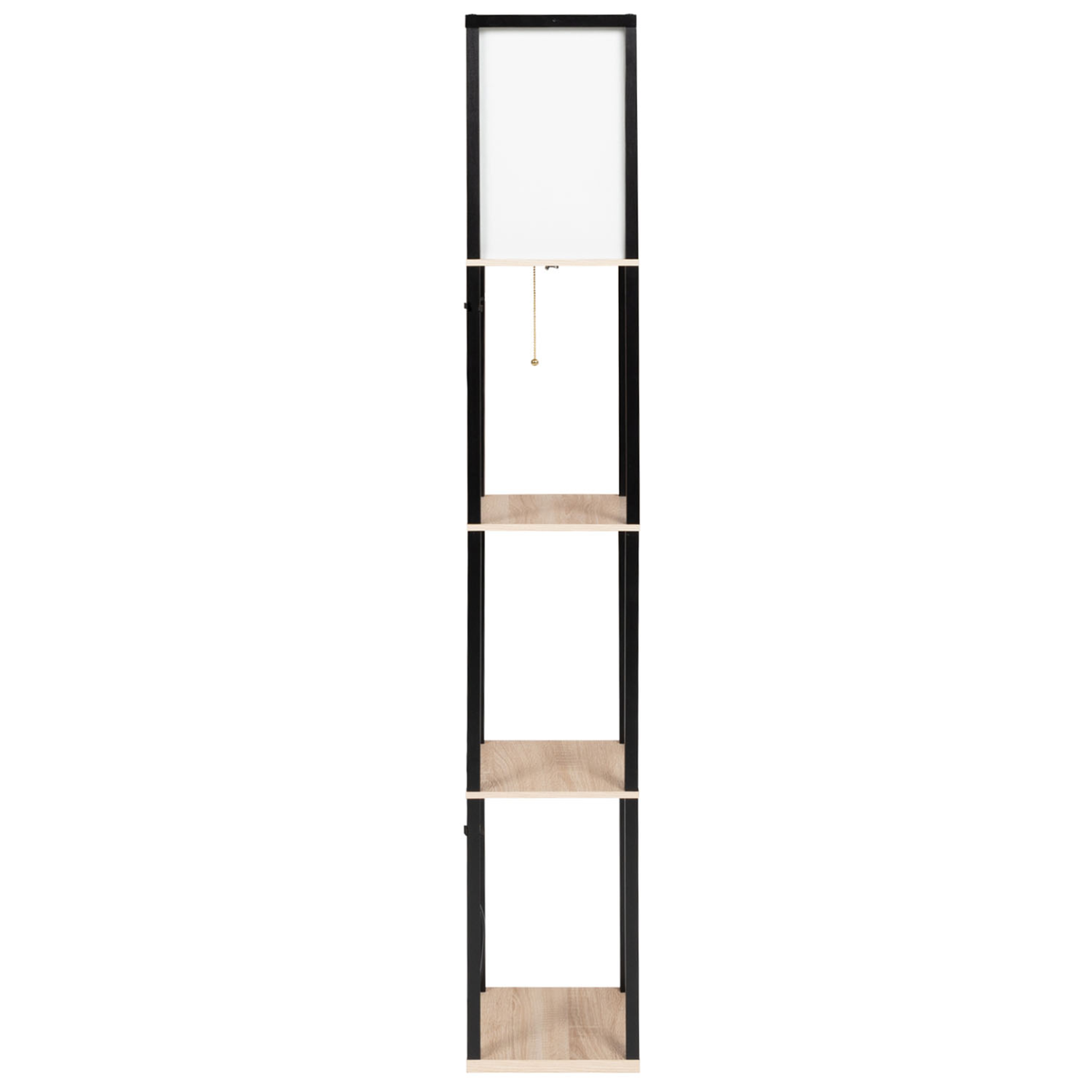 Voir la diapositive 3 : ID MARKET Lampadaire industriel en bois noir avec étagères en bois clair et abat-jour carré blanc