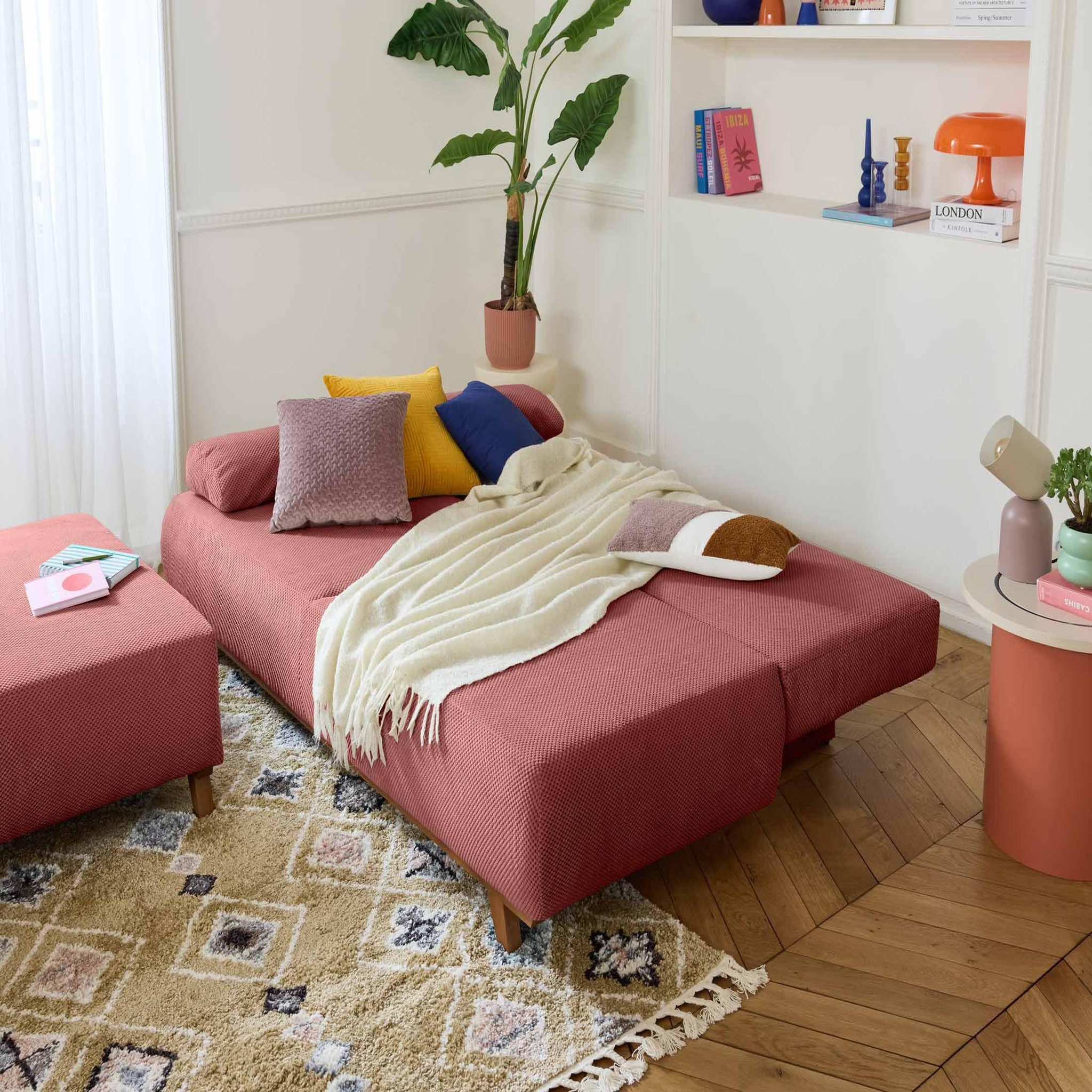 Voir la diapositive 2 : BEST MOBILIER Cristal - canapé 3 places - convertible avec coffre et grand pouf - en velours texturé