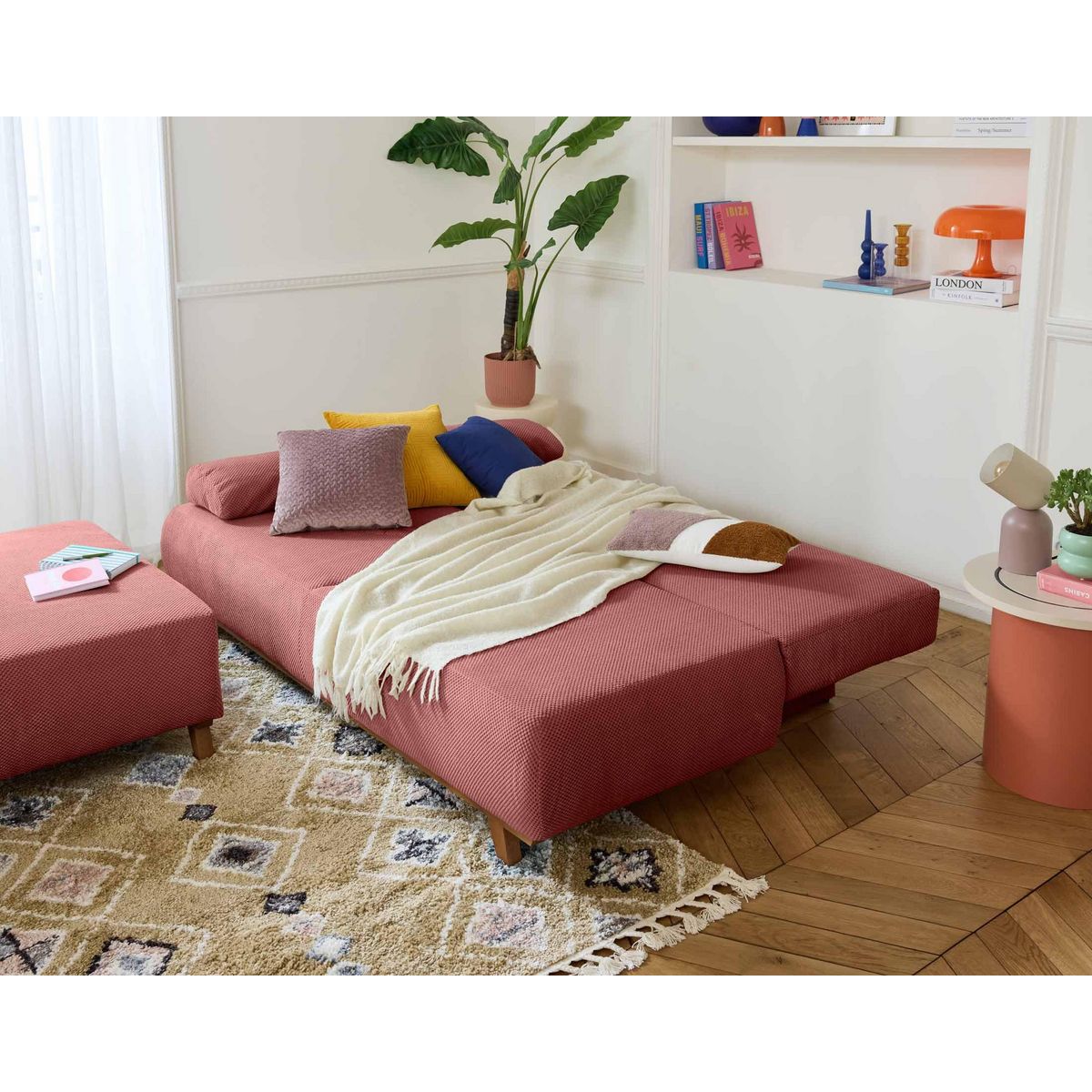 BEST MOBILIER Cristal - canapé 3 places - convertible avec coffre et grand pouf - en velours texturé