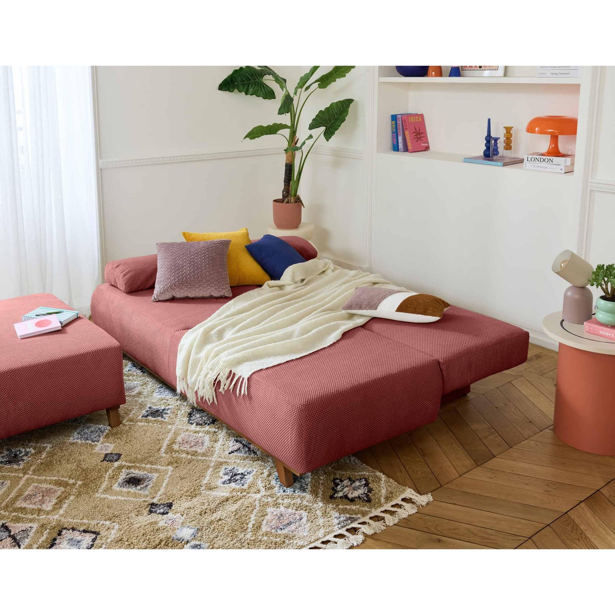 BEST MOBILIER Cristal - canapé 3 places - convertible avec coffre et grand pouf - en velours texturé