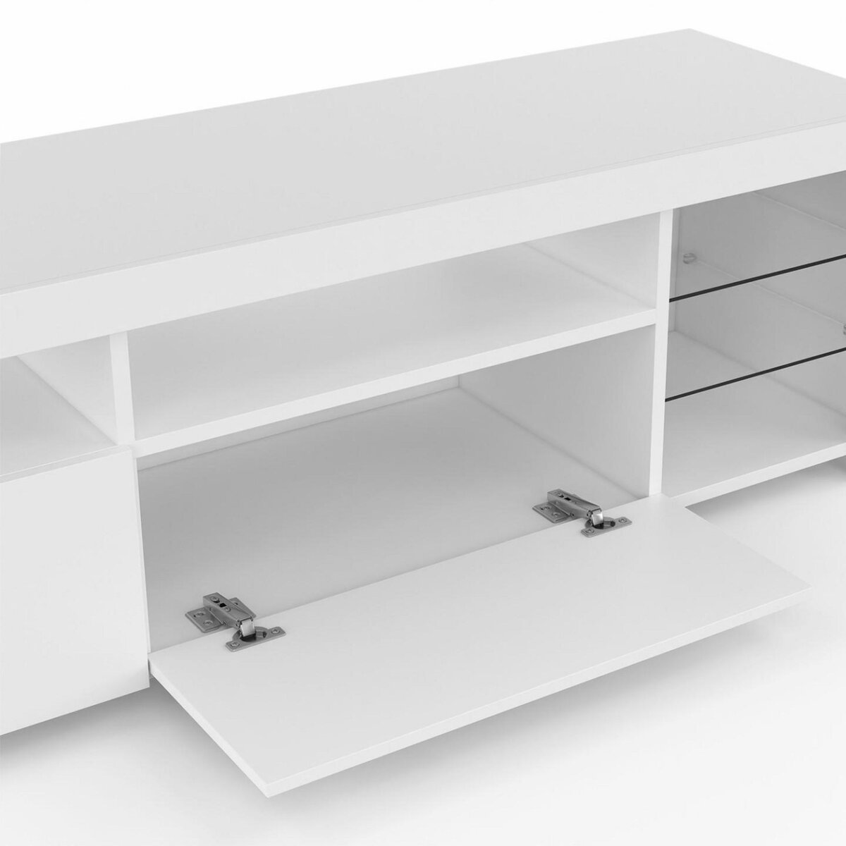 ID MARKET Meuble TV 140 cm SOLVEIG placards et étagères en verre avec LED blanc laqué