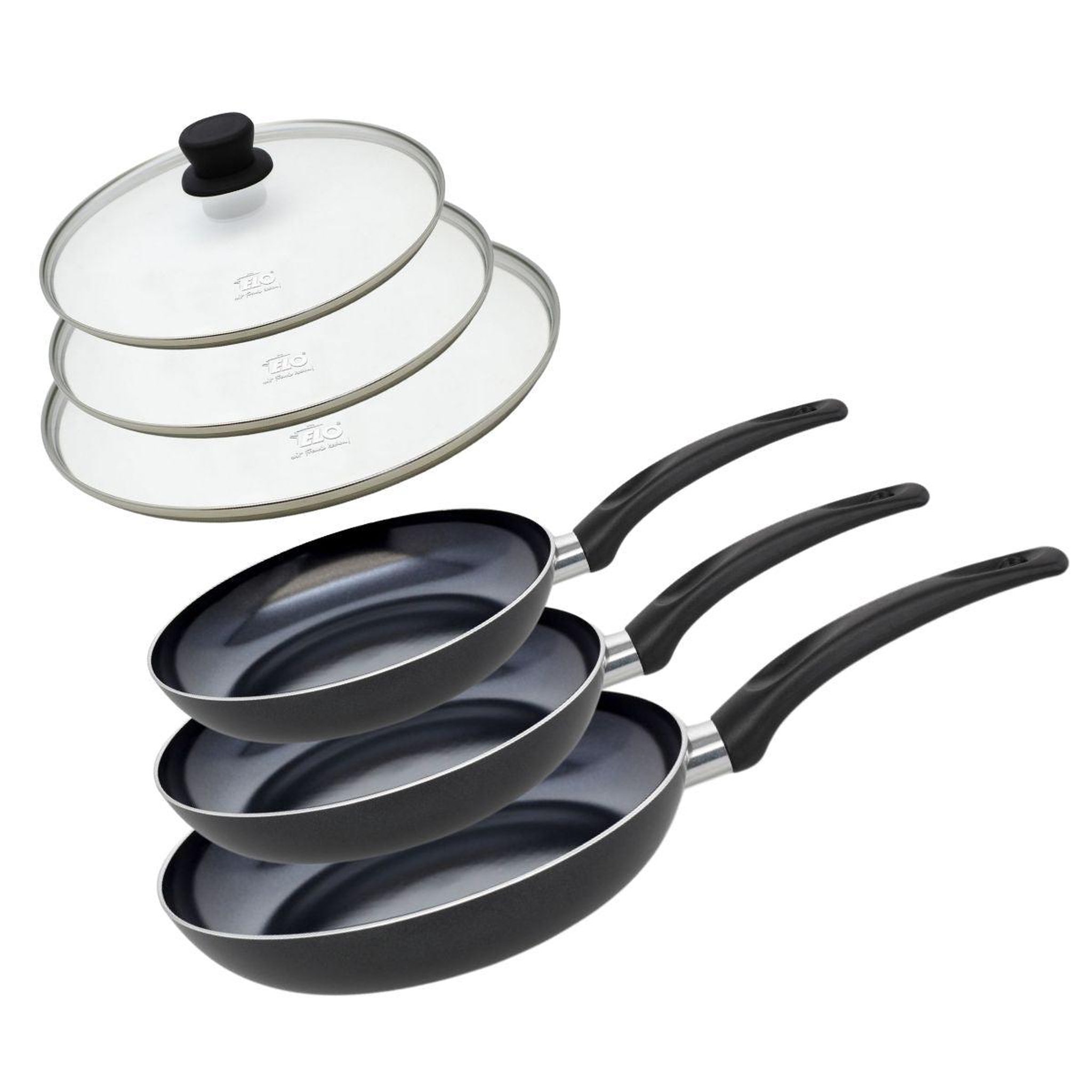 ELO Set de 3 poêles 24, 28 et 32 cm céramique sans pfas et 3 couvercles en verre elo prima cucina