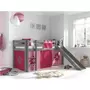 Vipack Lit Enfant Surélevé Avec Toboggan Pino 90x200cm Gris + Rideau de lit Pink Flower