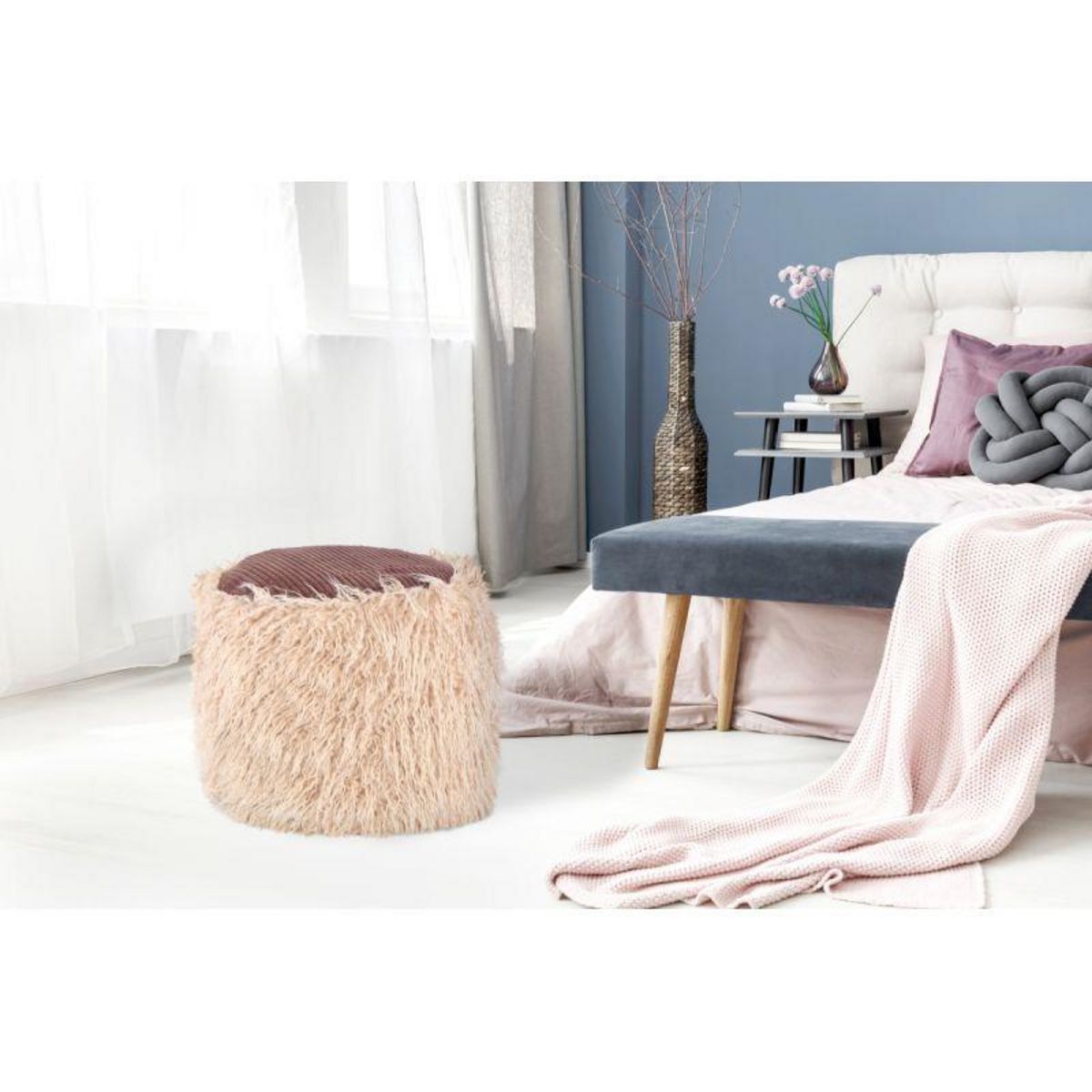 Paris Prix Pouf Rond Imitation Fourrure  Bobtail  45cm Beige