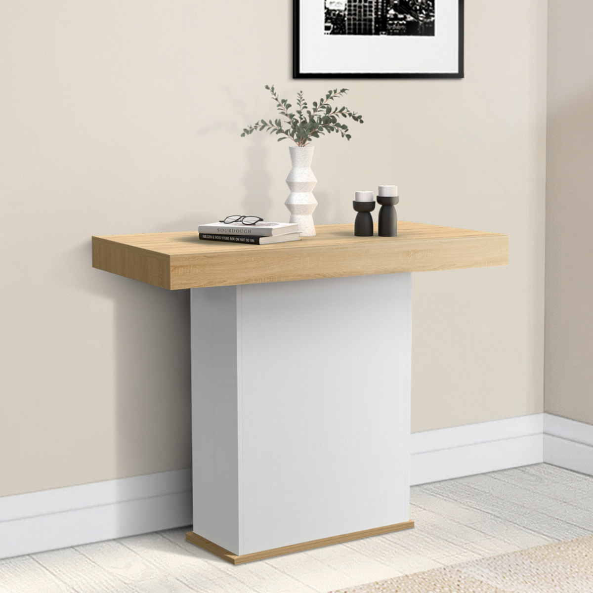 ID MARKET Table console extensible EDEN 10 personnes 235 cm bois et blanc