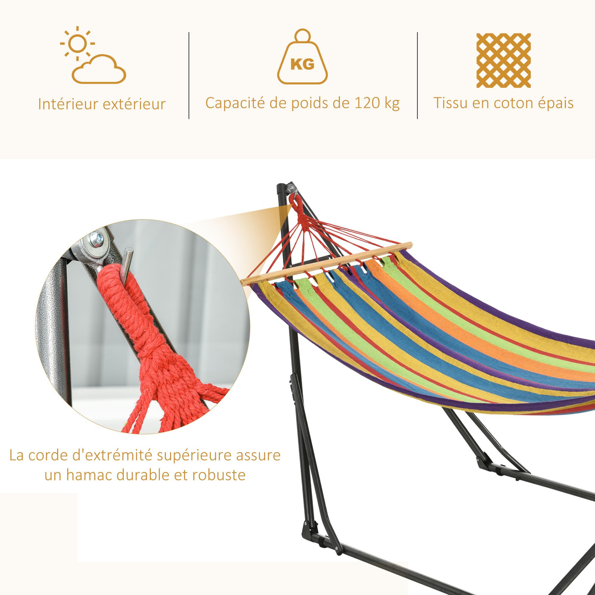 Voir la diapositive 6 : OUTSUNNY Hamac de jardin pliable avec support acier époxy et toile coton lin multicolore