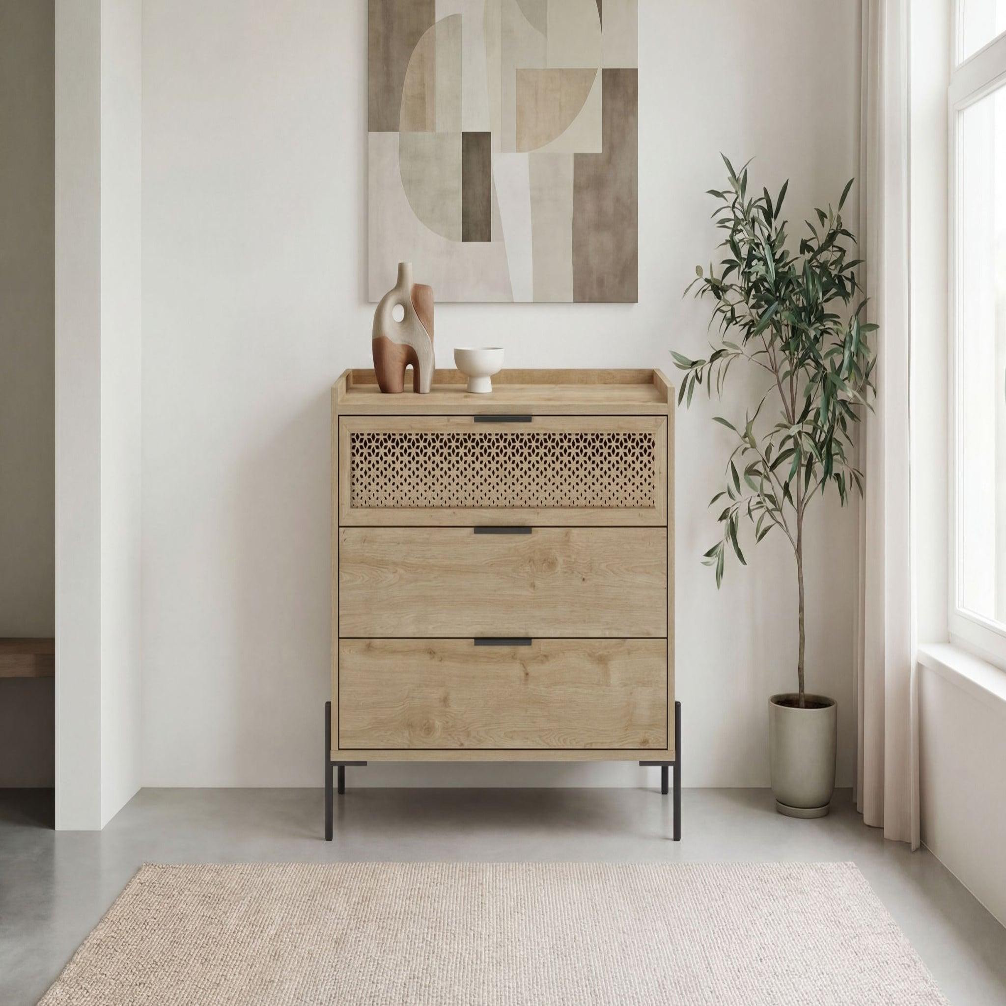 Voir la diapositive 2 : CASANOVA PARIS Stera - commode 3 tiroirs 94cm en mélamine - chêne clair