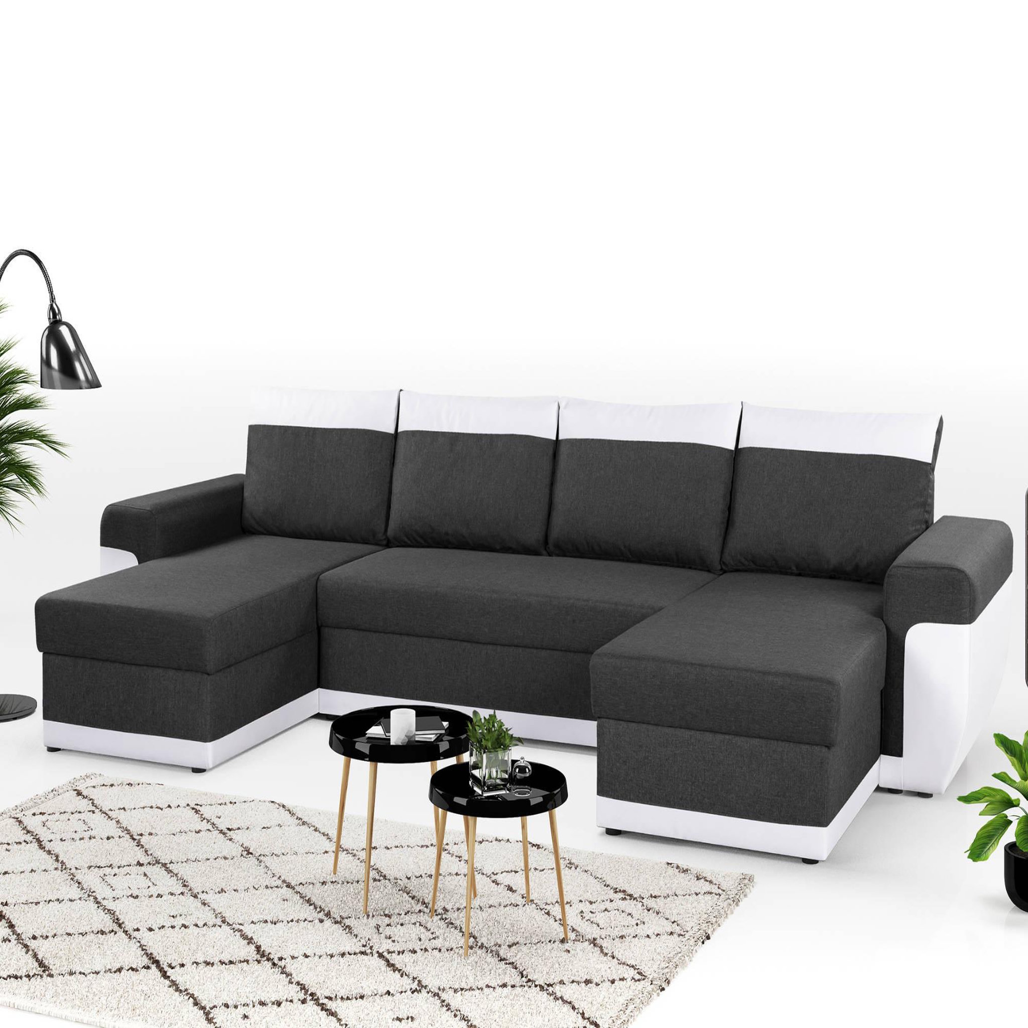 BEST MOBILIER Milan - canapé d'angle panoramique - convertible - 7 places - 2 coffres de rangement. Coloris disponibles : Bicolore