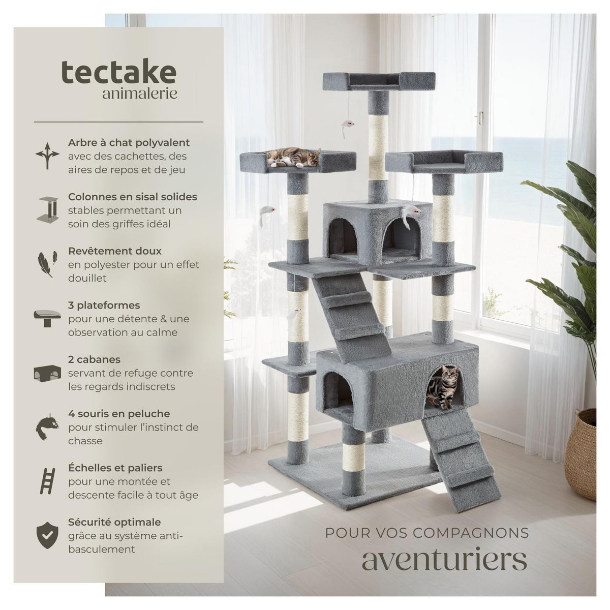 tectake Arbre à chat 170 cm avec griffoir et plateforme d'escalade gris
