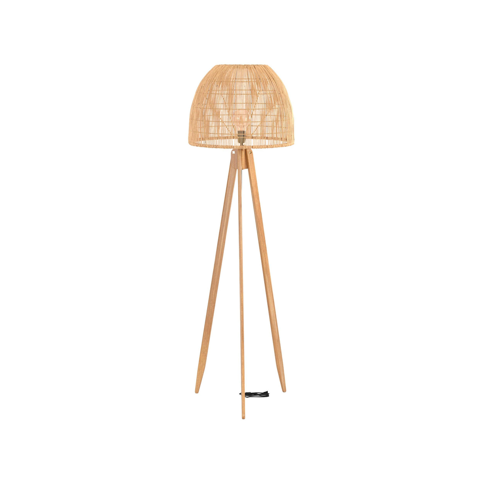 Voir la diapositive 1 : MAISON PAVANE Lampadaire trépied en rotin et bois de teck massif-corte