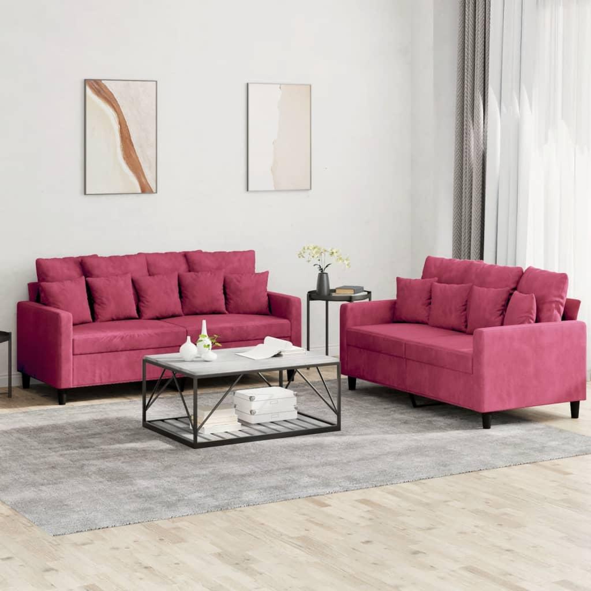 VIDAXL Ensemble de canapes 2 pcs avec coussins Rouge bordeaux Velours