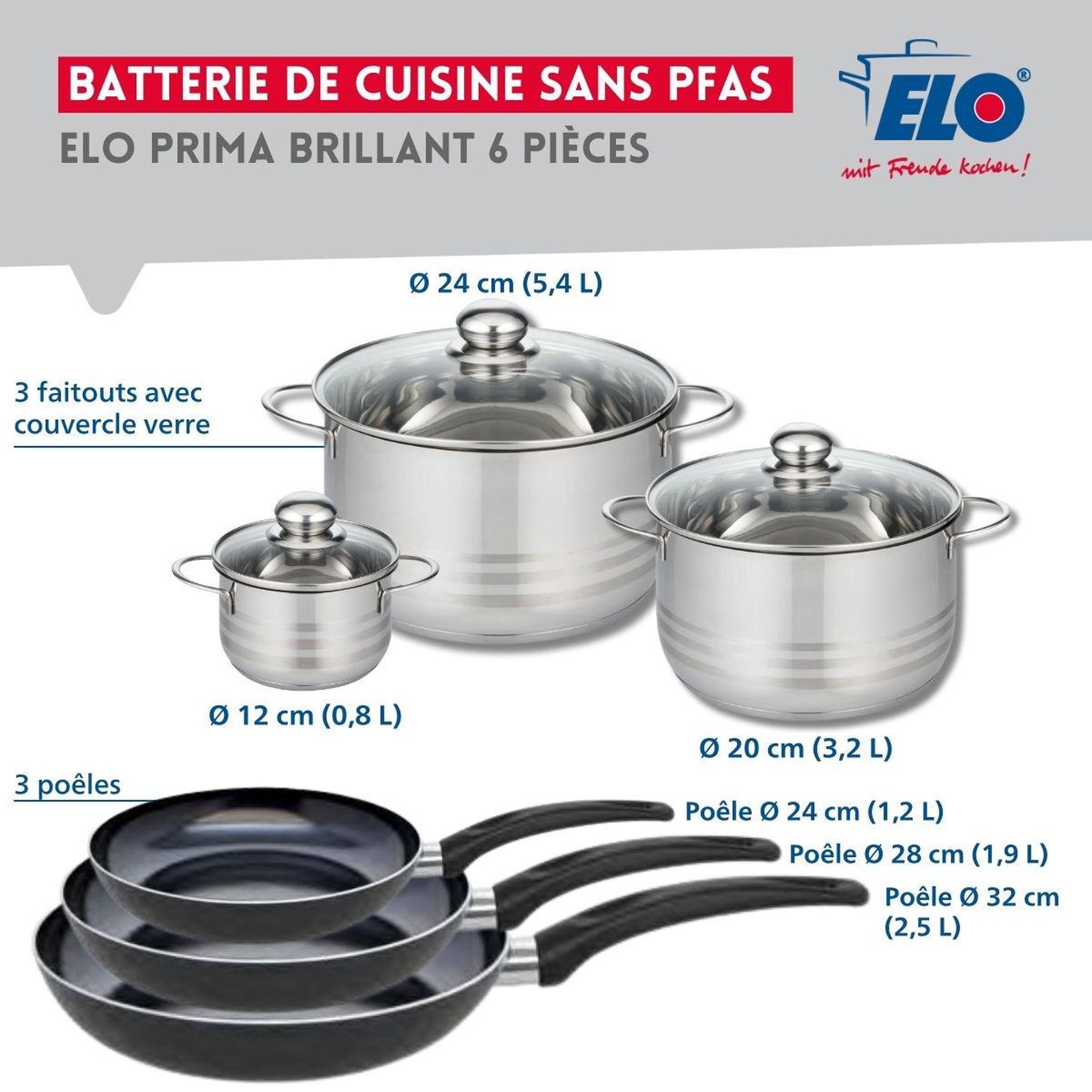 Voir la diapositive 2 : ELO Ensemble de 3 poêles de cuisson 24, 28 et 32 cm et 3 faitouts 12, 20 et 24 cm elo prima brillant
