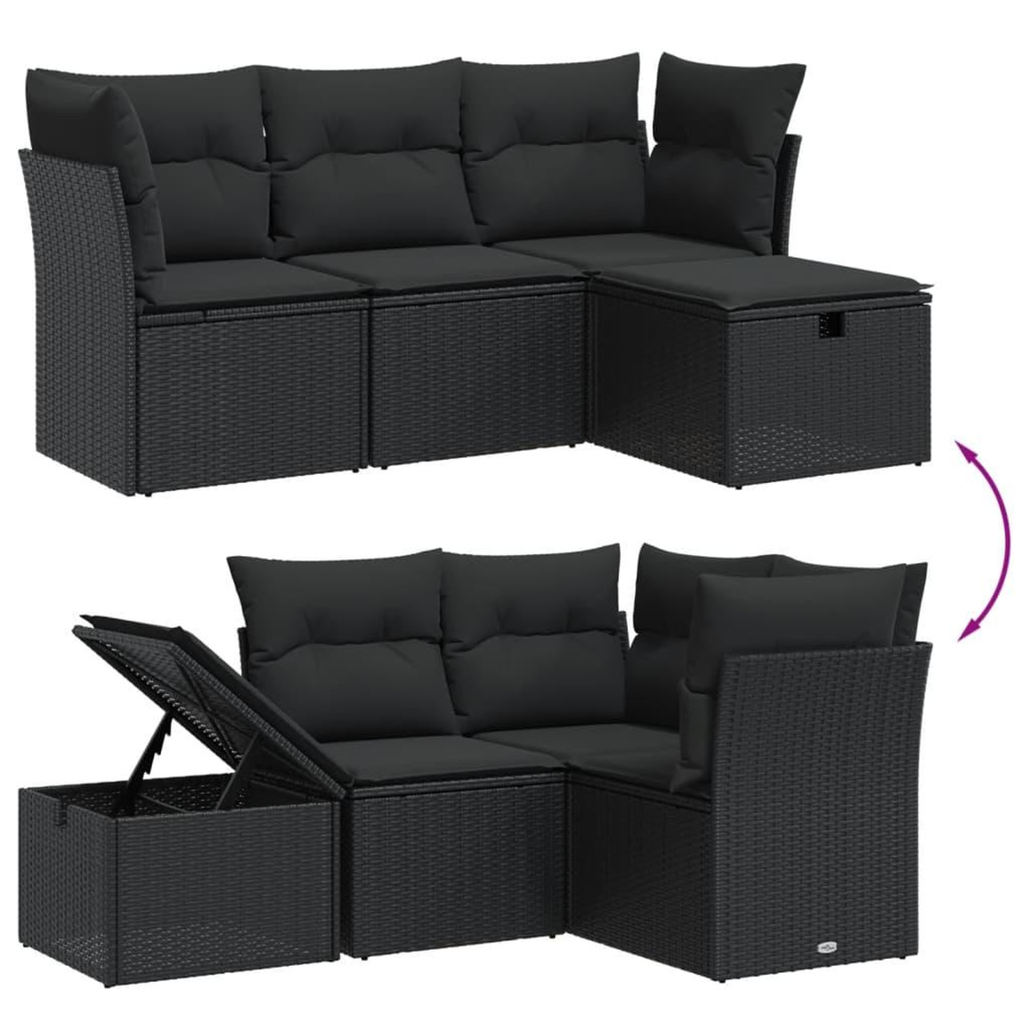 Voir la diapositive 3 : VIDAXL Salon de jardin 4 pcs avec coussins noir resine tressee