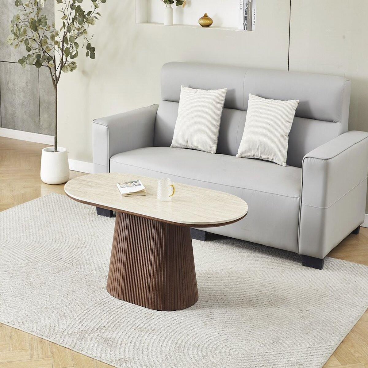 Habitat et Jardin Table basse ovale en céramique  Portofino  - 120 cm -Travertin et marron
