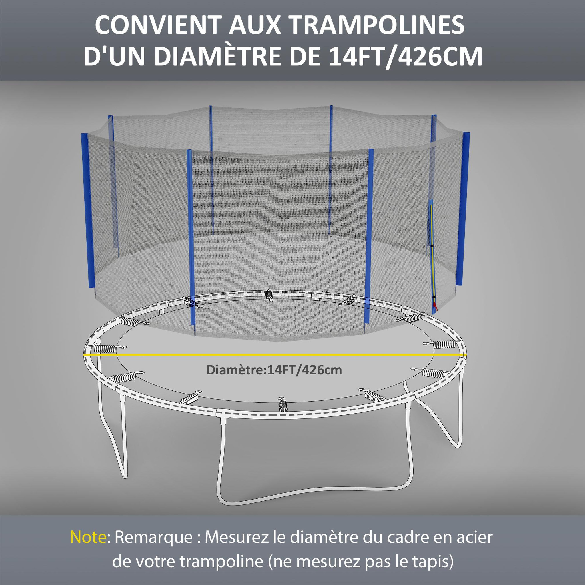 Voir la diapositive 3 : HOMCOM Filet de sécurité trampoline porte zipée Ø 426 cm 8 poteaux bleu noir