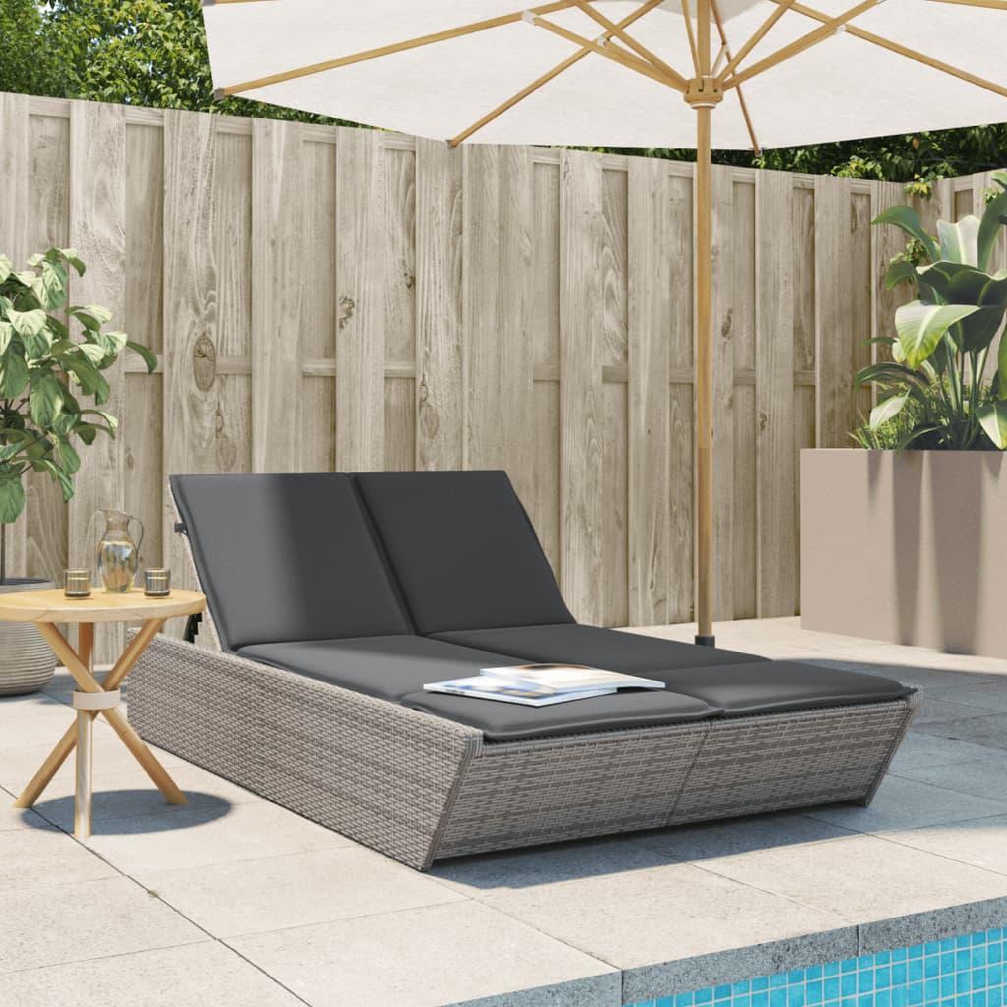 VIDAXL Chaise longue double avec coussins gris resine tressee