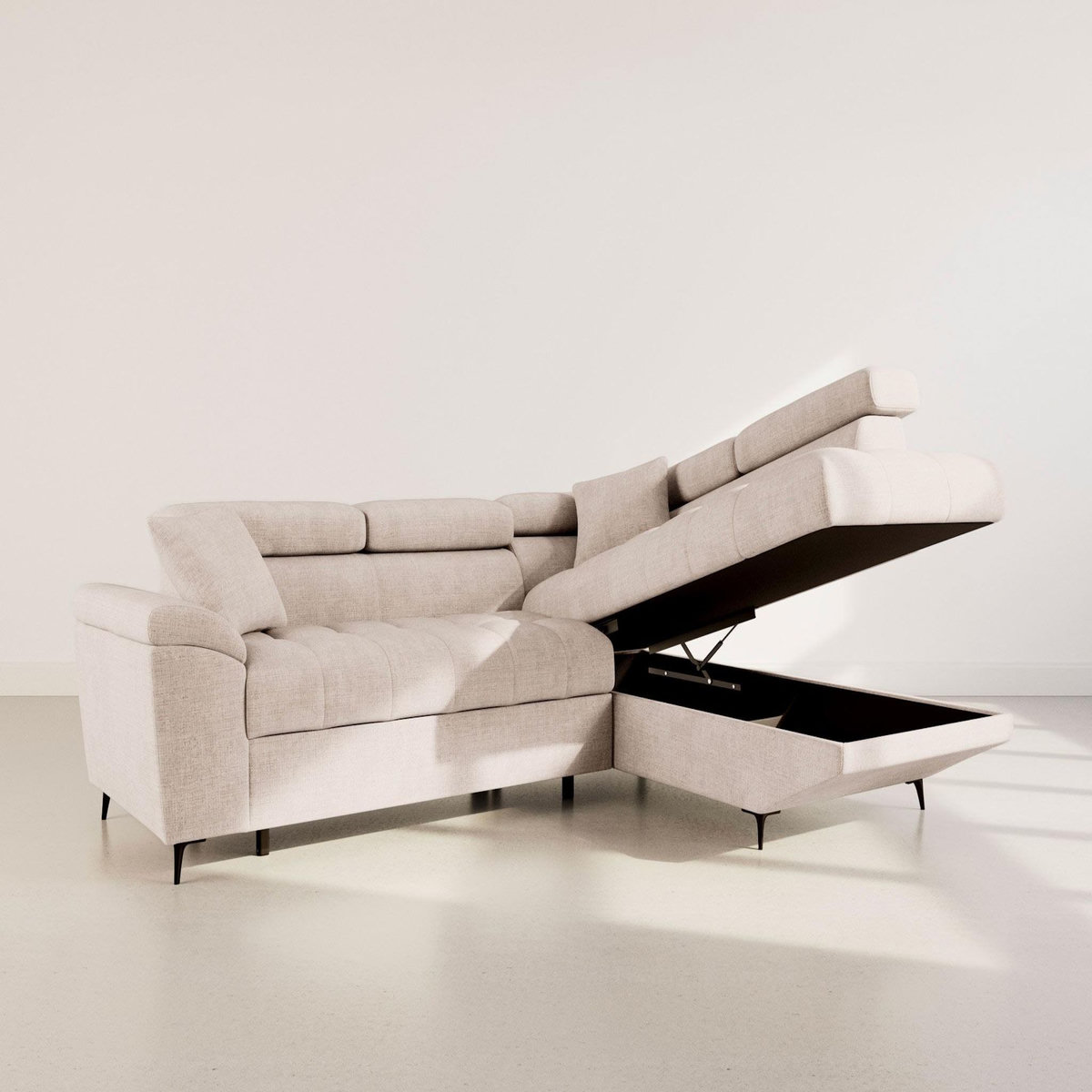 BEST MOBILIER Camille - canapé d'angle droit 5 places convertible avec têtières et coffre en velours texturé