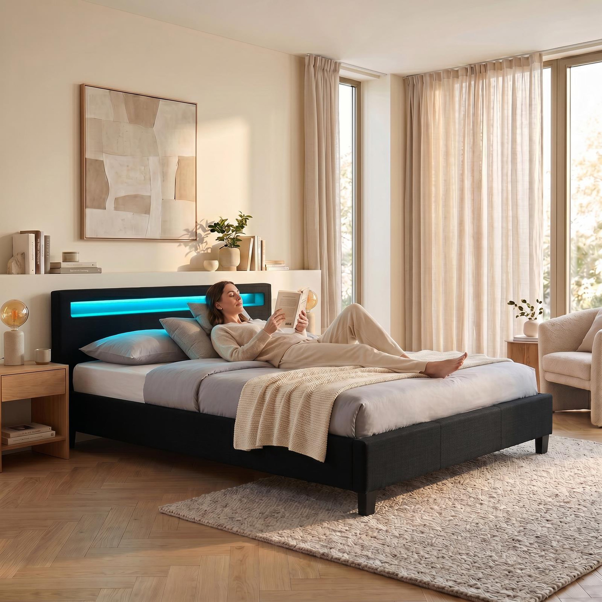 Voir la diapositive 2 : IDIMEX Lit LED double RIOJA 140x190 cm, avec sommier, revêtement tissu