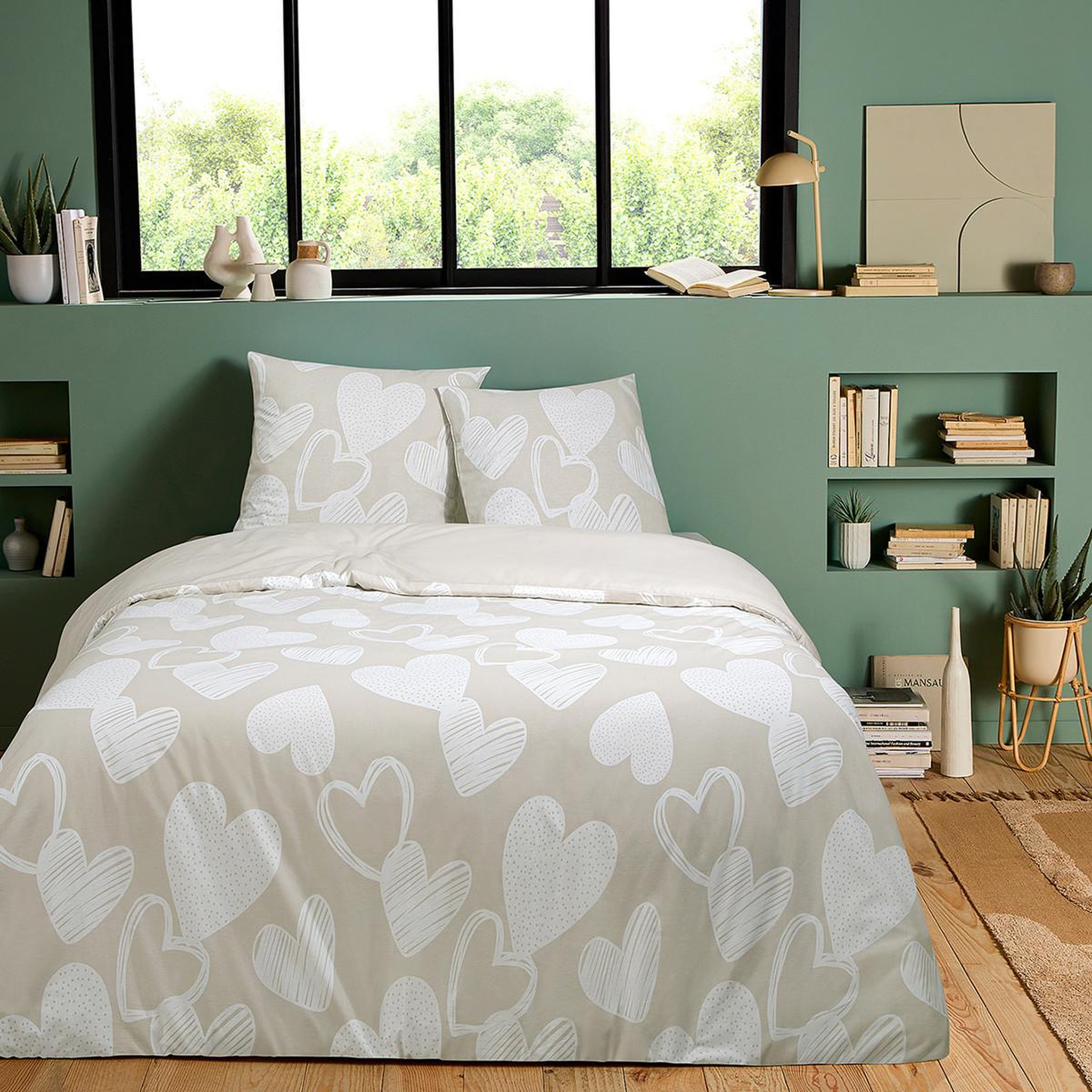 FUTURE HOME Parure de lit en coton motif cœurs. Coloris disponibles : Beige