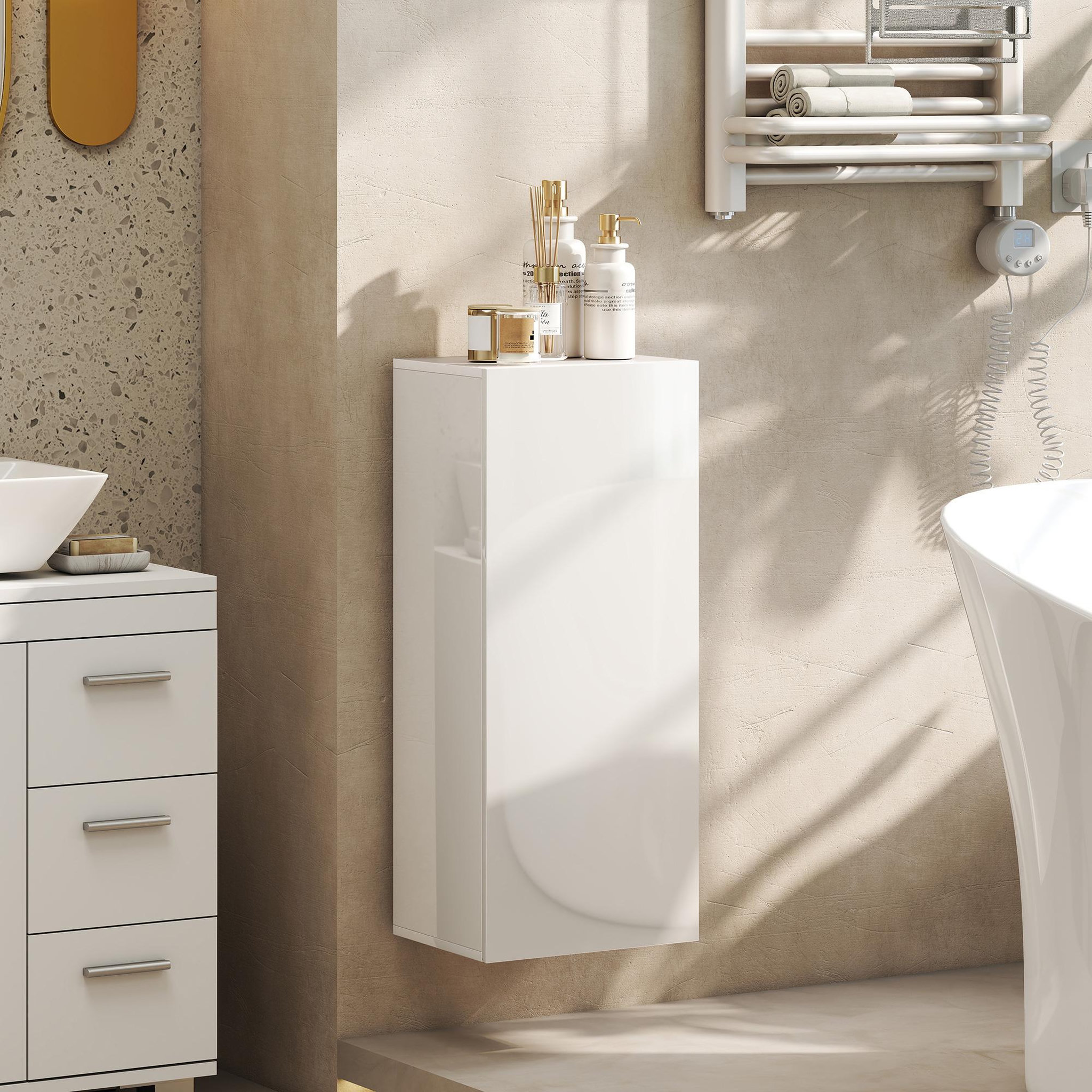 Voir la diapositive 4 : HOMCOM Meuble mural salle de bain blanc laqué porte 2 étagères