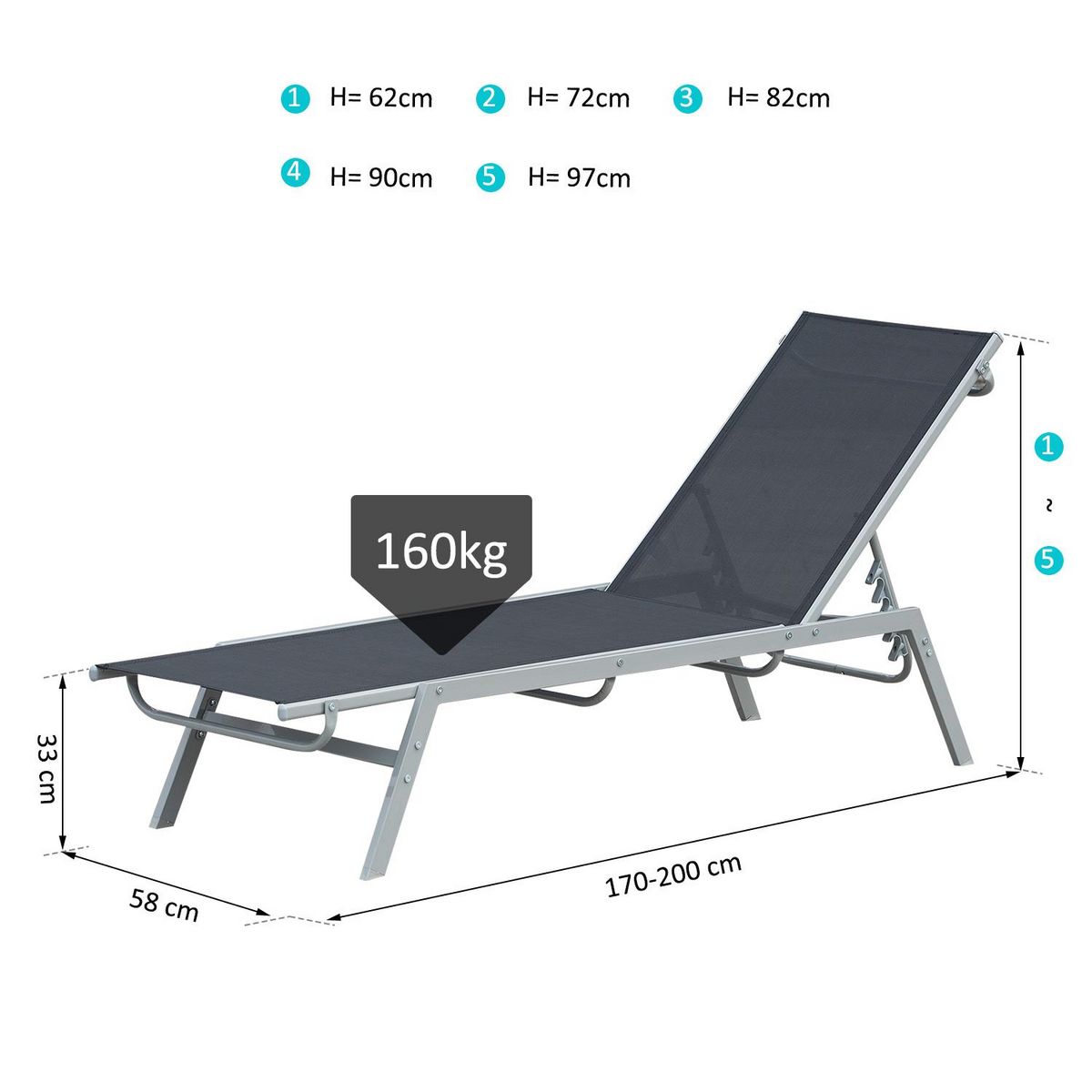 OUTSUNNY Bain de soleil transat - chaise longue - design contemporain - dossier inclinable multi-positions - métal époxy textilène noir - dim. 170 x 58 x 97 cm