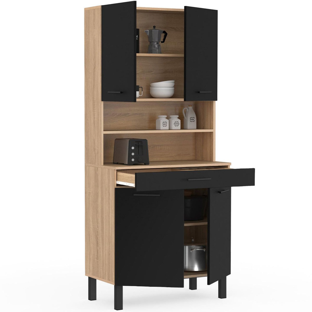 ID MARKET Buffet de cuisine 80 CM CINA 4 portes + tiroir façon hêtre et noir