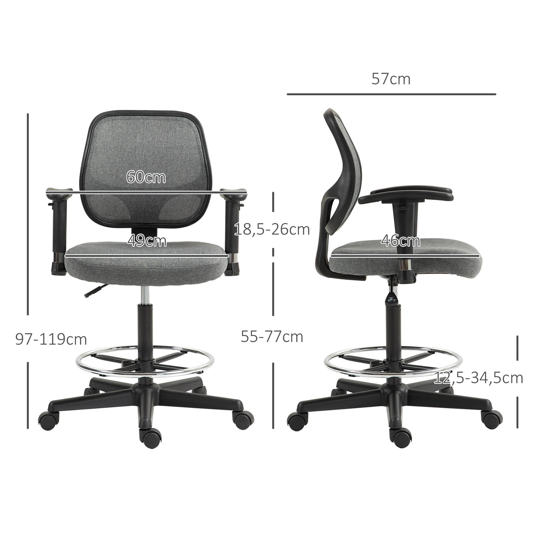 Voir la diapositive 3 : VINSETTO Chaise de bureau assise haute réglable accoudoirs réglables pivotante 360° tissu gris chiné
