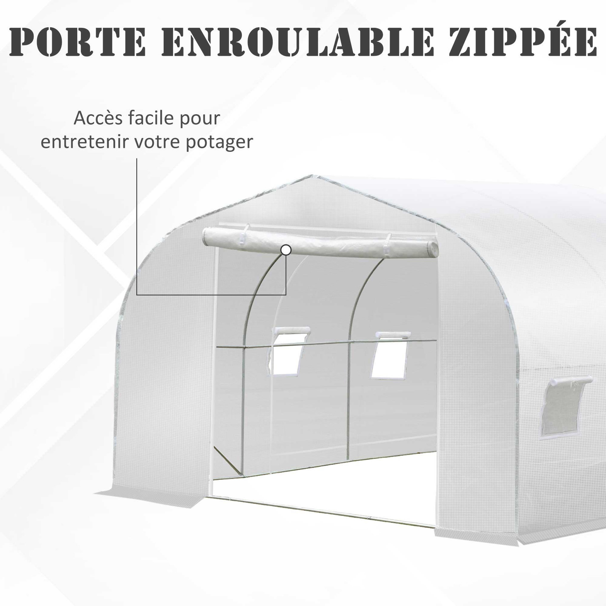 Voir la diapositive 4 : OUTSUNNY Serre tunnel de jardin dim. 3,5l x 3l x 2h m porte + 6 fenêtres enroulables acier galvanisé bâche pe haute densité blanc
