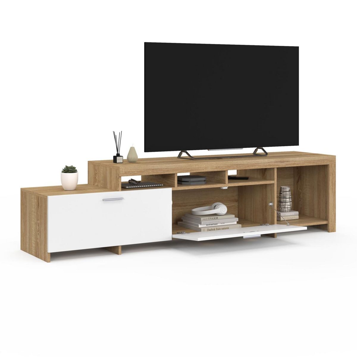 ID MARKET Meuble TV  180 cm MALO  bois et placards blancs
