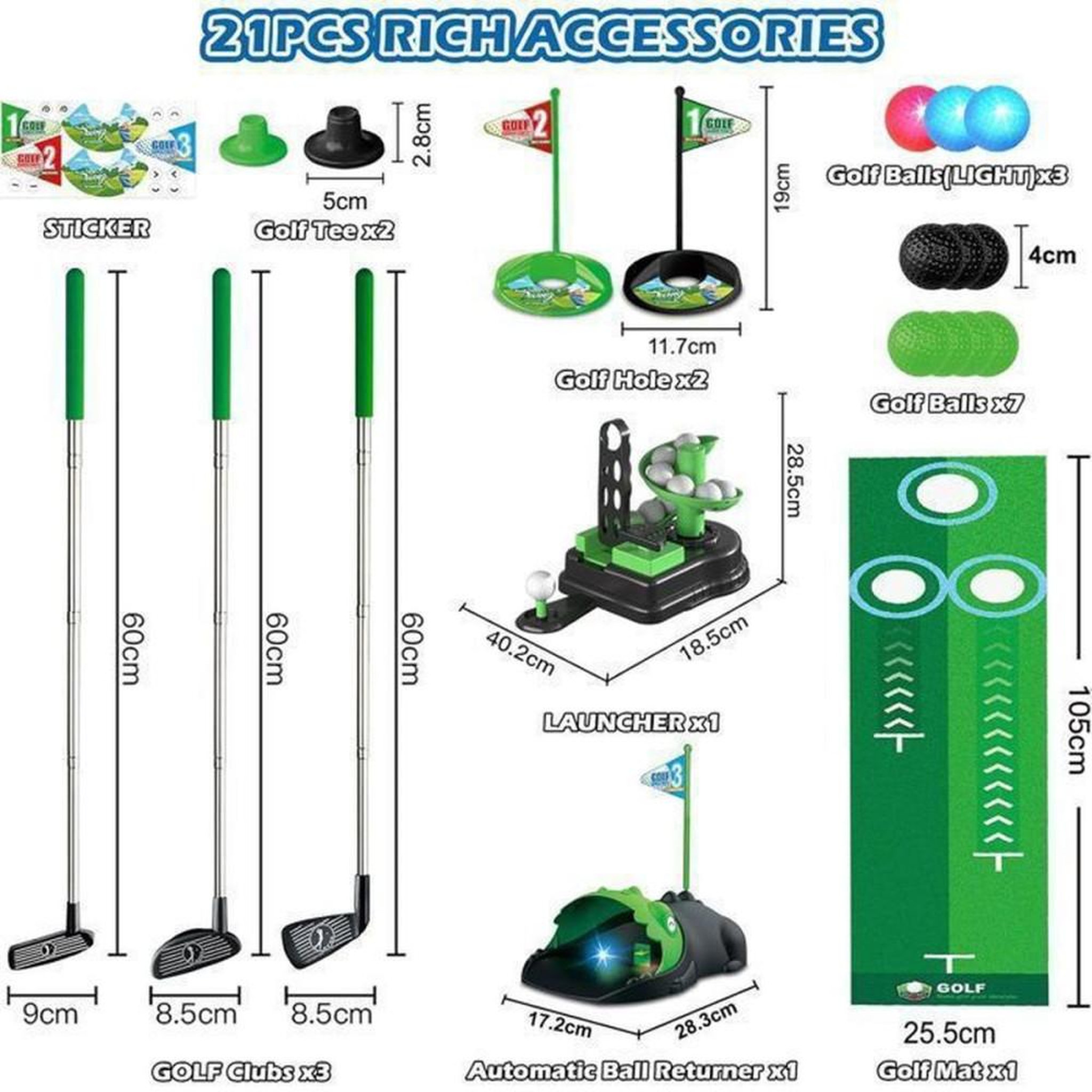 Voir la diapositive 6 : Mini golf enfant 3 en 1 LED avec retourneur automatique dinosaure, clubs réglables et tapis de putting