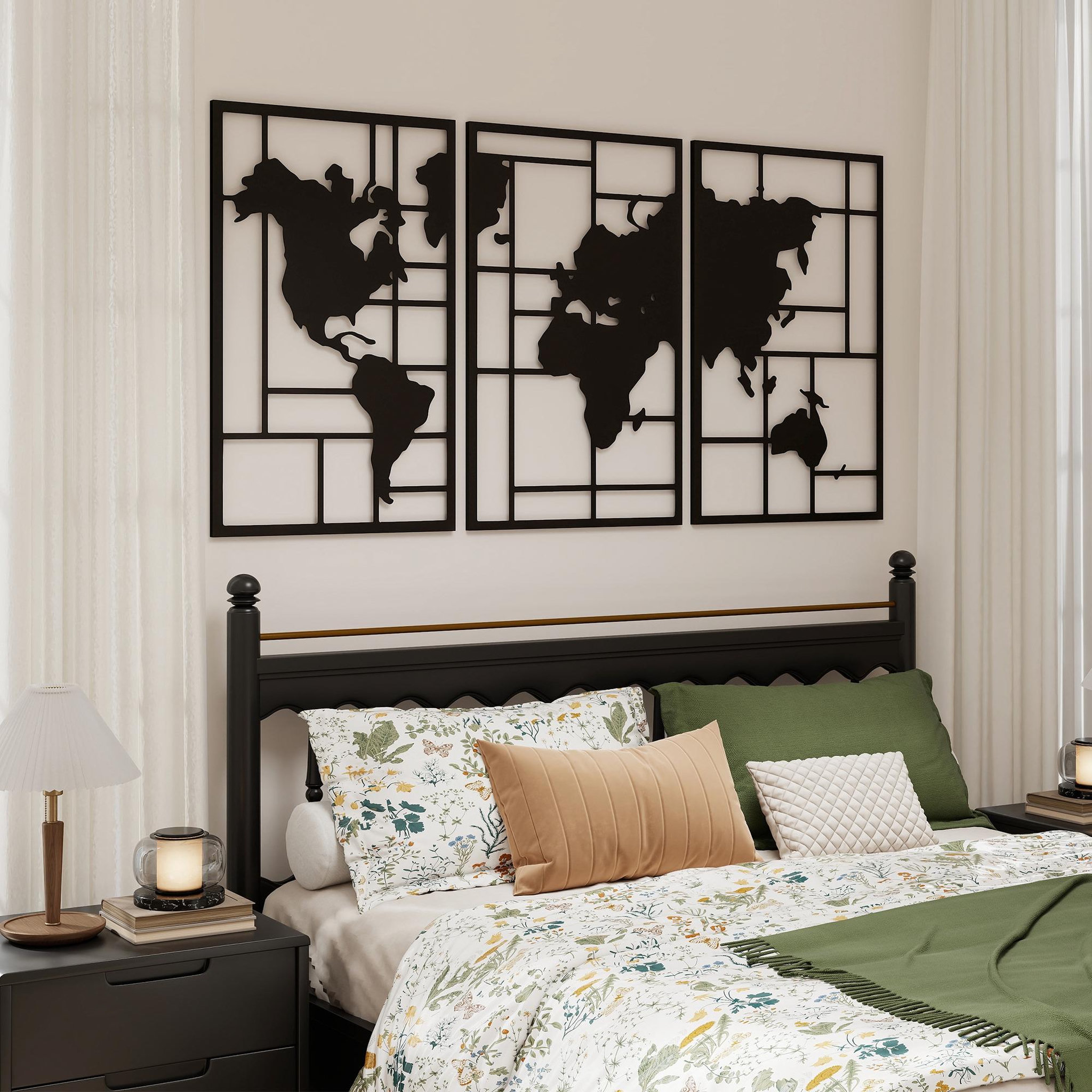 Voir la diapositive 4 : HOMCOM Lot de 3 décorations murales métal design graphique carte du monde métal noir