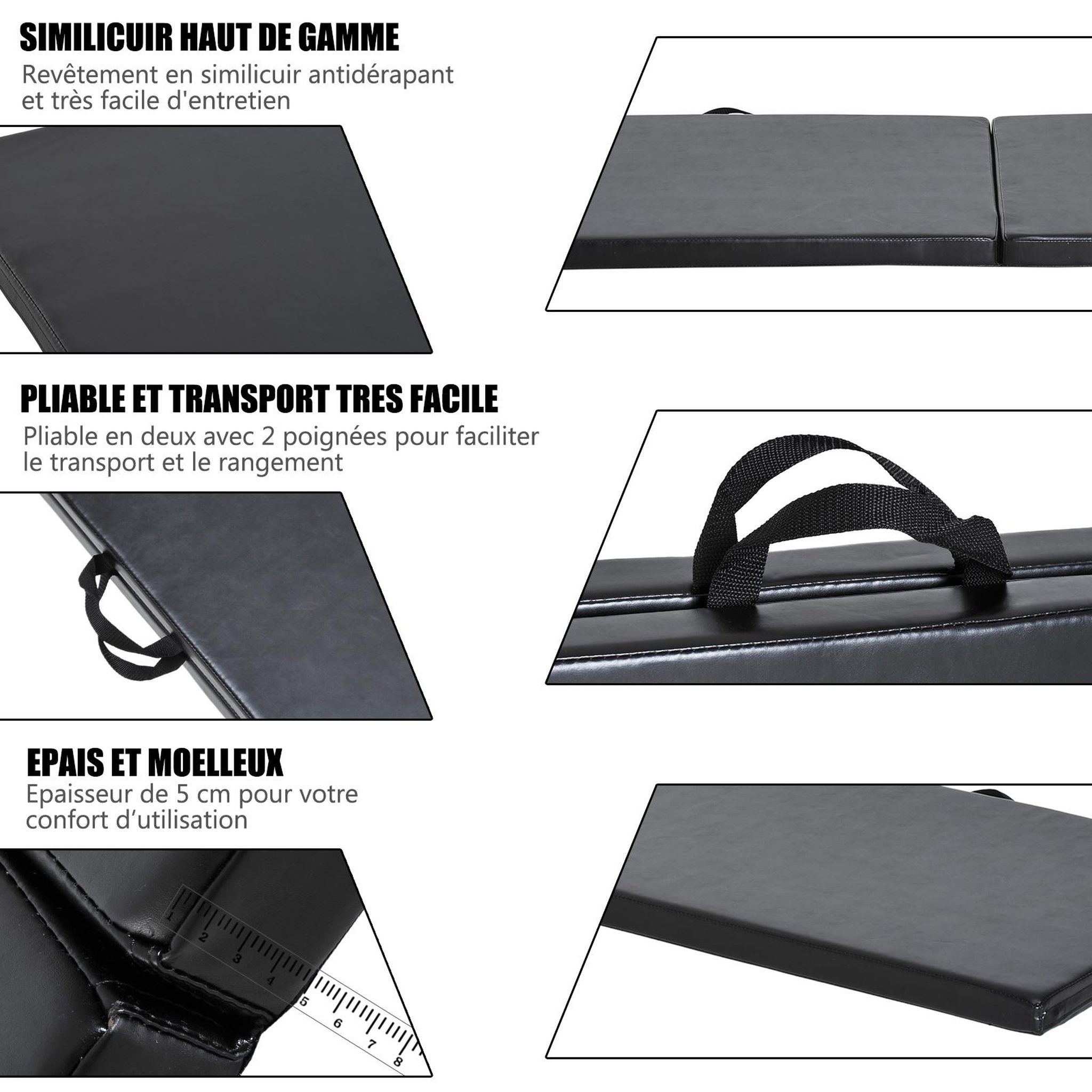 Voir la diapositive 5 : HOMCOM Tapis de gymnastique yoga pilates fitness pliable portable grand confort 180l x 60l x 5h cm revêtement synthétique noir