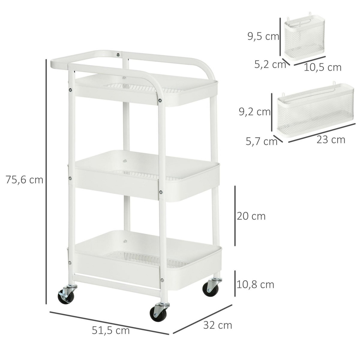 HOMCOM Desserte chariot de rangement en métal à roulettes 3 niveaux avec 2 range-couverts 4 crochets dim.51,5L x 32l x 75,6H cm