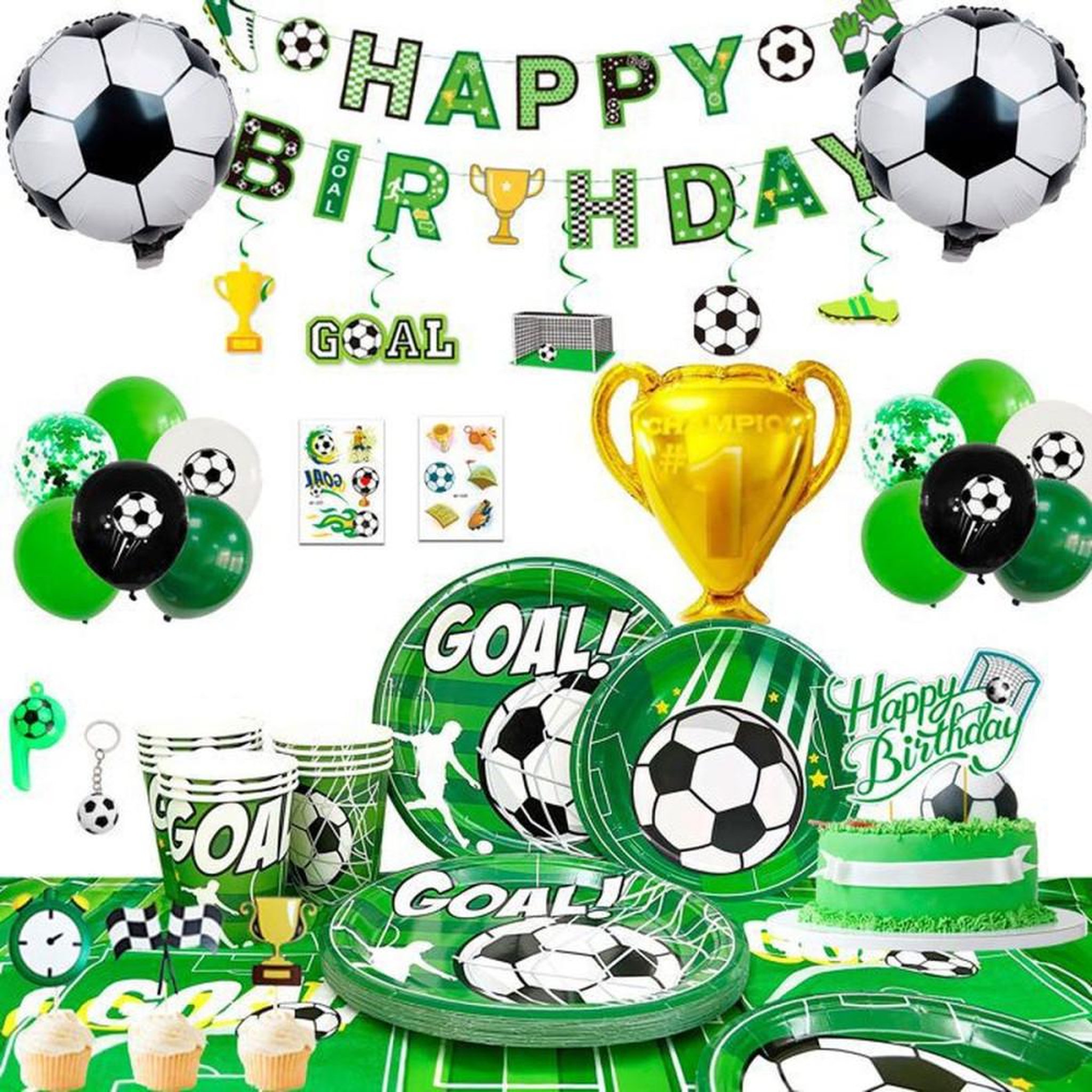 Kit vaisselle et décoration anniversaire football INBOXXARTY avec banderole, nappe, assiettes, couverts, ballons, sifflet et accessoires