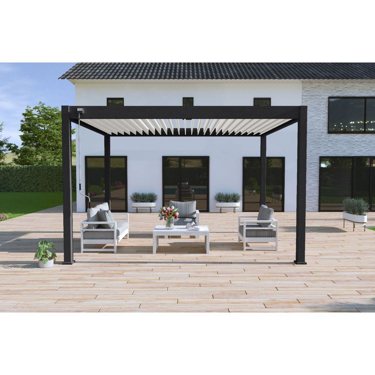 Pergola Bioclimatique autoportée  3X4 m - Aluminium - Noir charbon/blanc - VS OmBREA®