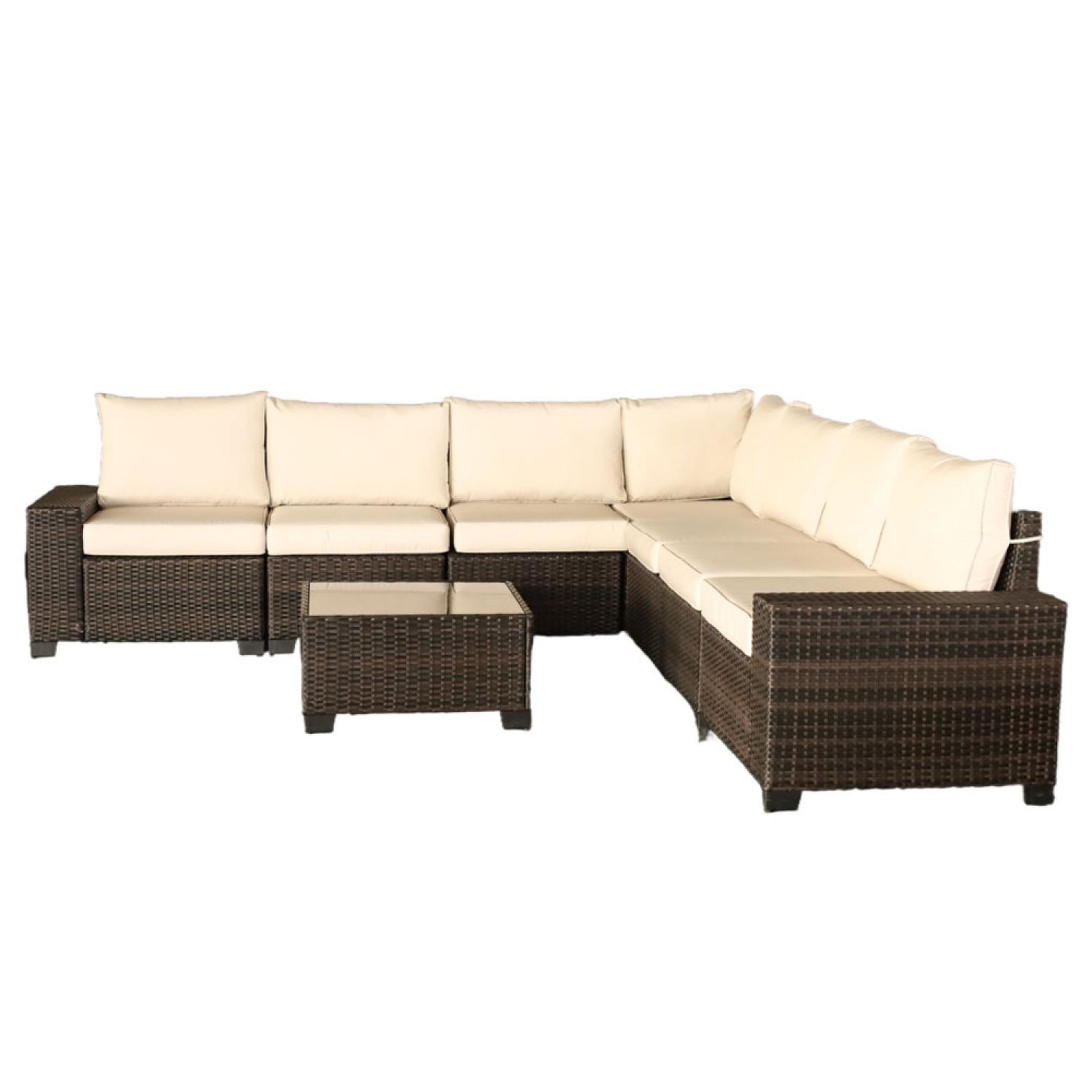CONCEPT USINE Salon de jardin d'angle 7 places en résine tressée avec table marron et beige LAZARO