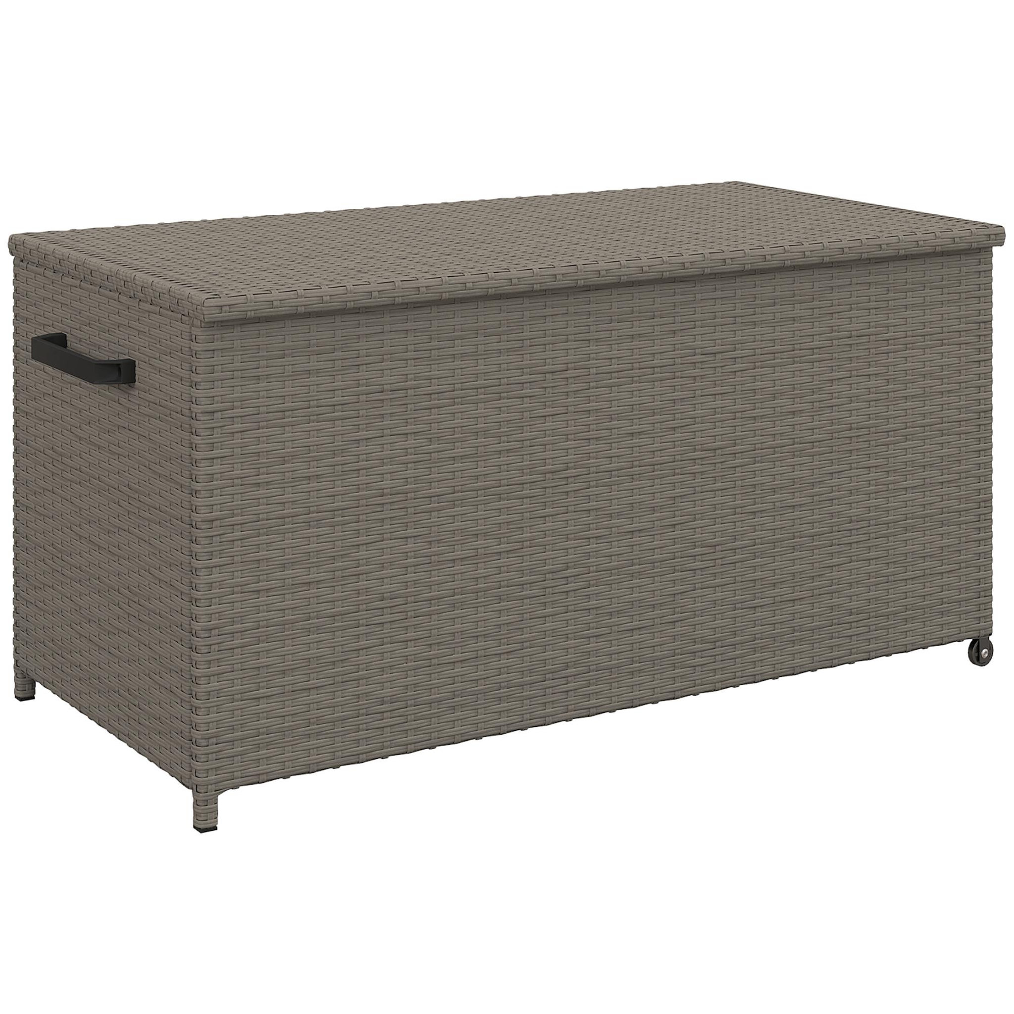 Voir la diapositive 1 : OUTSUNNY Coffre de jardin en résine tressée 184L - 2 roues, poignée, vérins gaz - dim. 102 x 52 x 52 cm - gris
