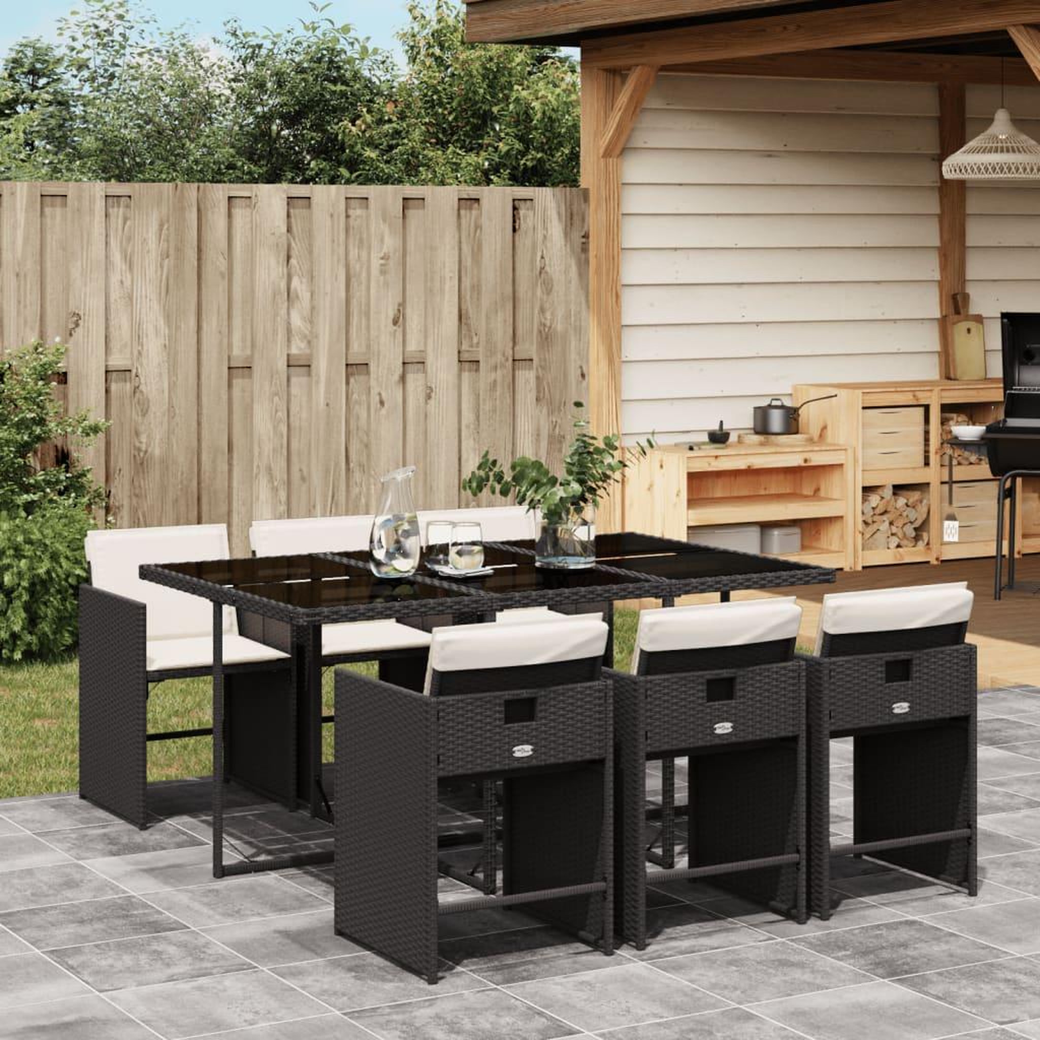 VIDAXL Ensemble a manger de jardin coussins 7pcs Noir Resine tressee