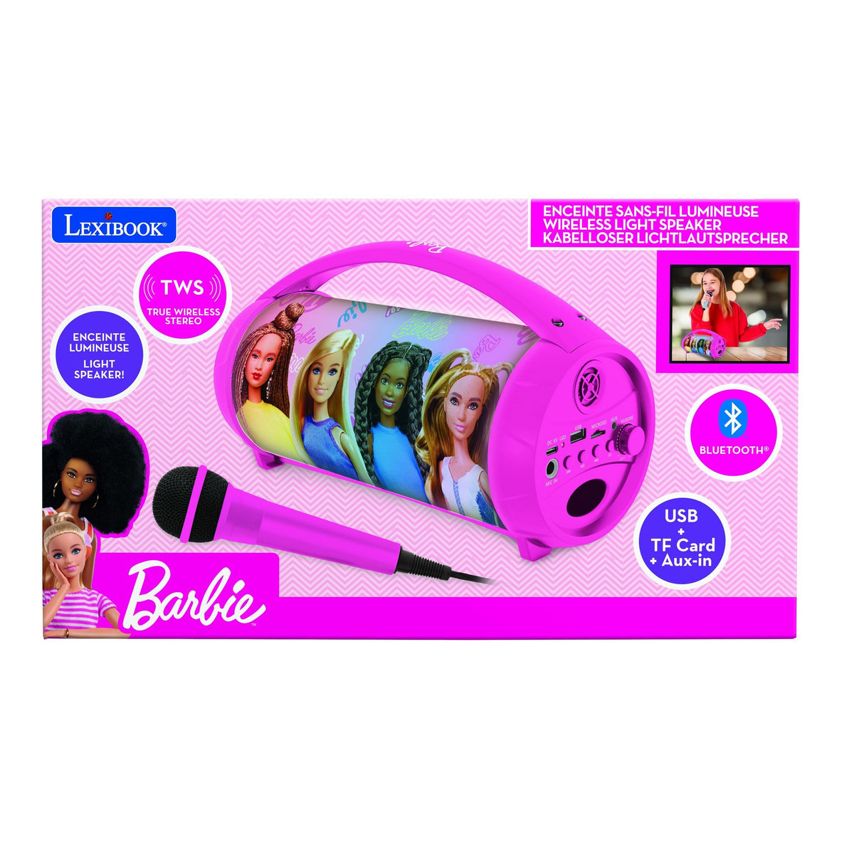 Lexibook Enceinte Bluetooth Sans-Fil Lumineuse avec Micro Barbie