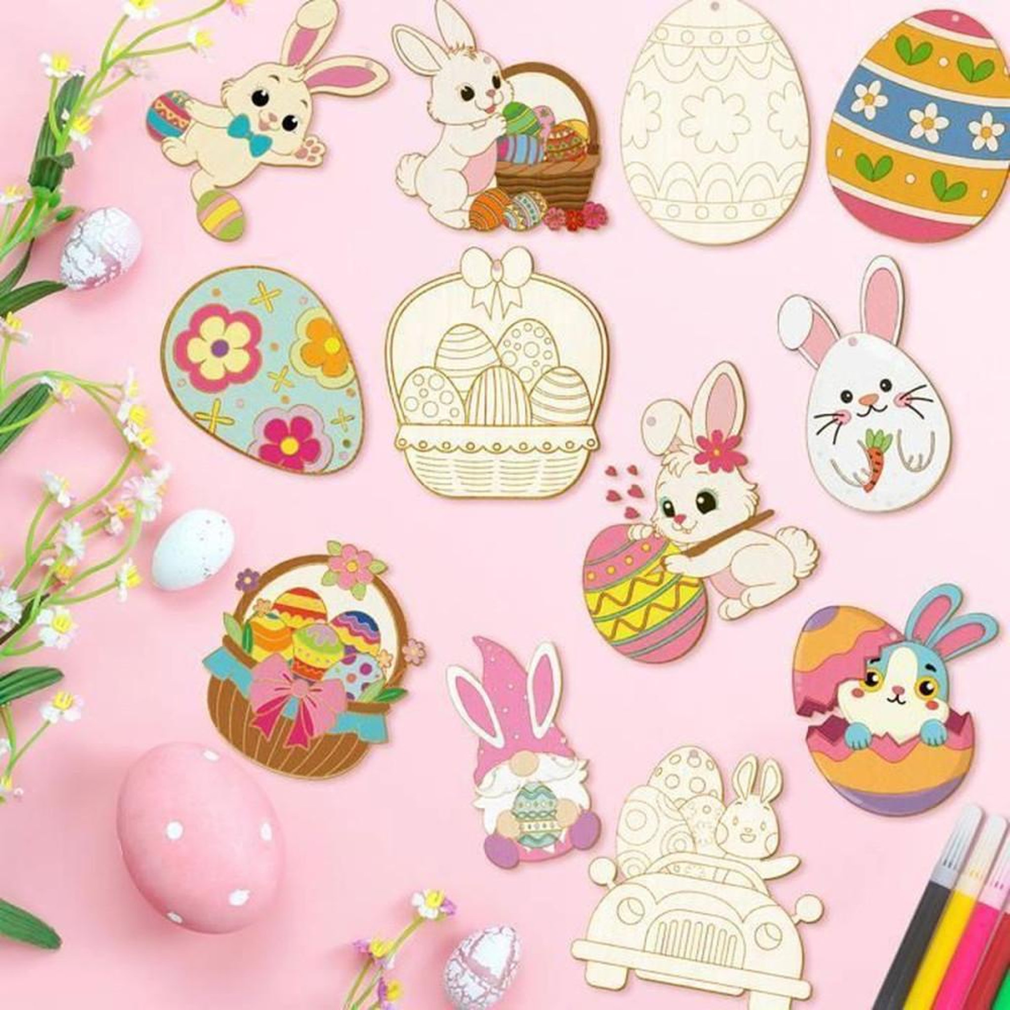 Voir la diapositive 4 : Ornements de Pâques DIY en bois à colorier, lot 49 pièces avec 12 marqueurs et ficelle
