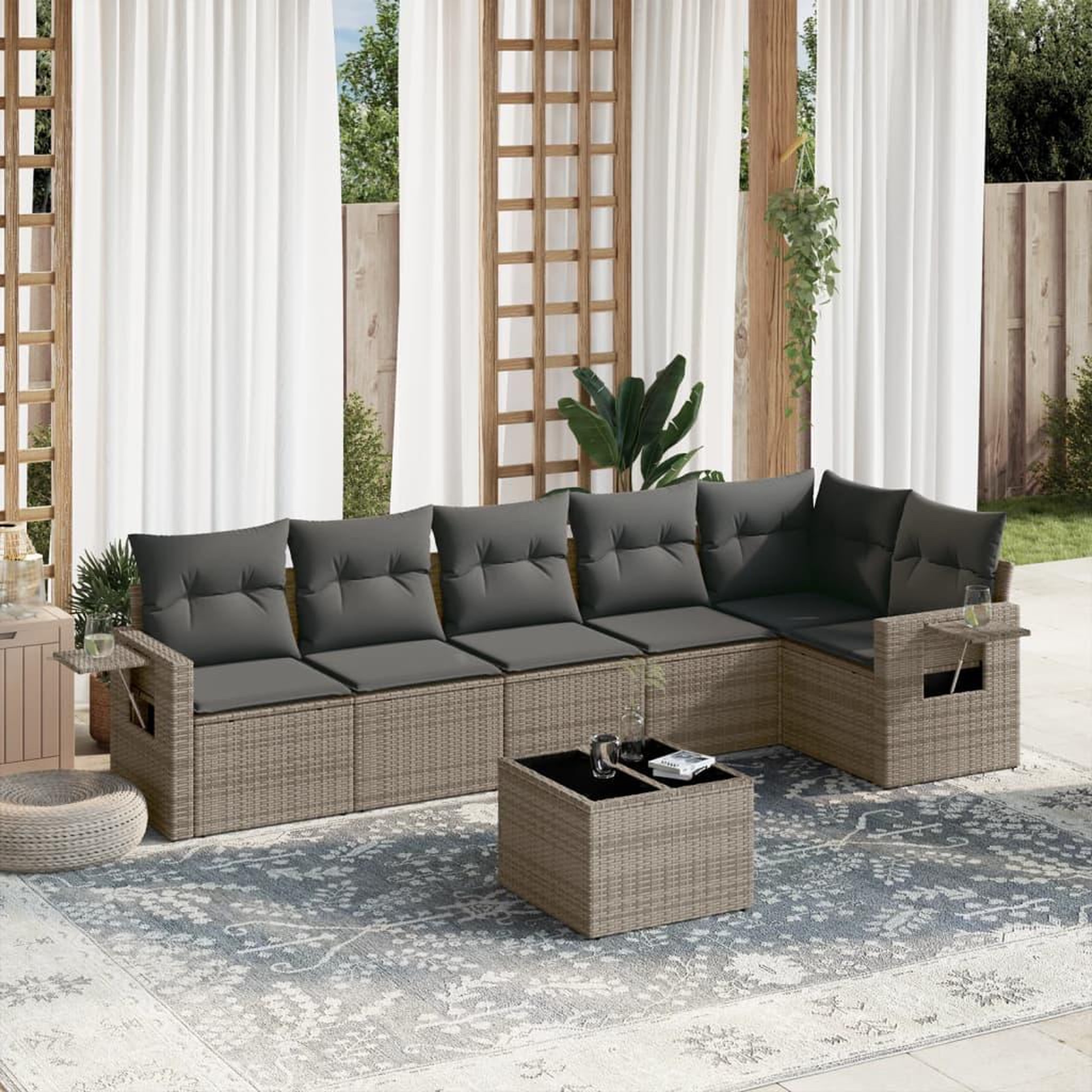 VIDAXL Salon de jardin avec coussins 7 pcs gris resine tressee