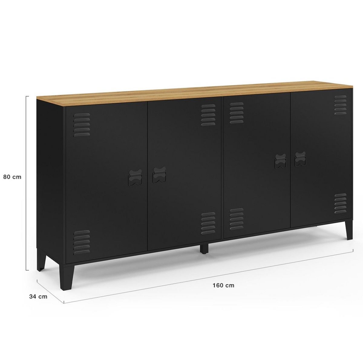 ID MARKET Buffet 160cm ESTER 4 portes en métal noir plateau bois design industriel